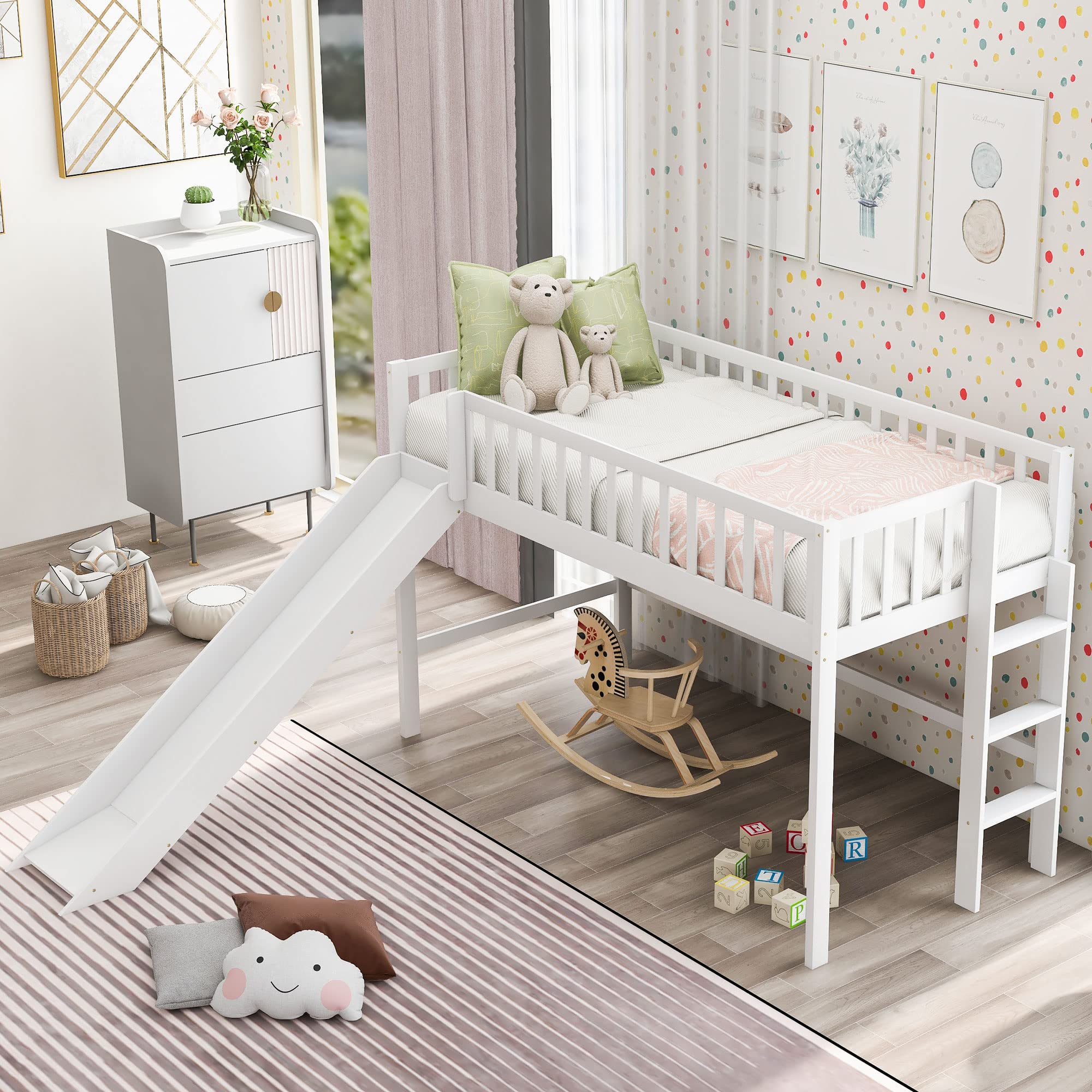 Harper & Bright Designs Twin Loft Bed with Slide - Sturdy Wooden Kids Loft Bed Frame with Ladder & Safety Guardrail - No Box Spring Needed (White) - Perfect for Small Bedrooms, Playrooms & Kids' Sleepovers