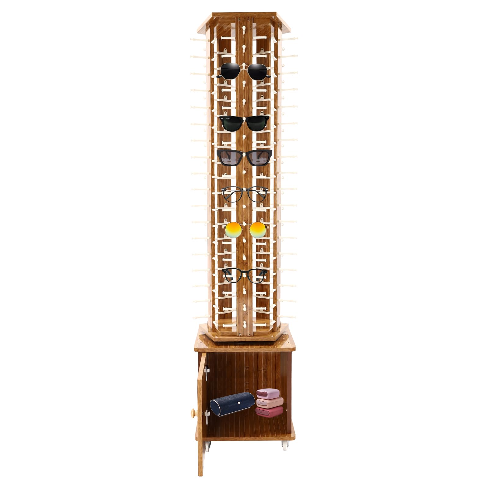 90 Pairs 360° Rotating Sunglasses Display Stand with Wheels & Drawer - 5-Sided Eyeglass Carousel Rack for Retail Stores, Optical Shops & Home Use - Perfect for Eyewear Showcase, Store Organization & Space Saving