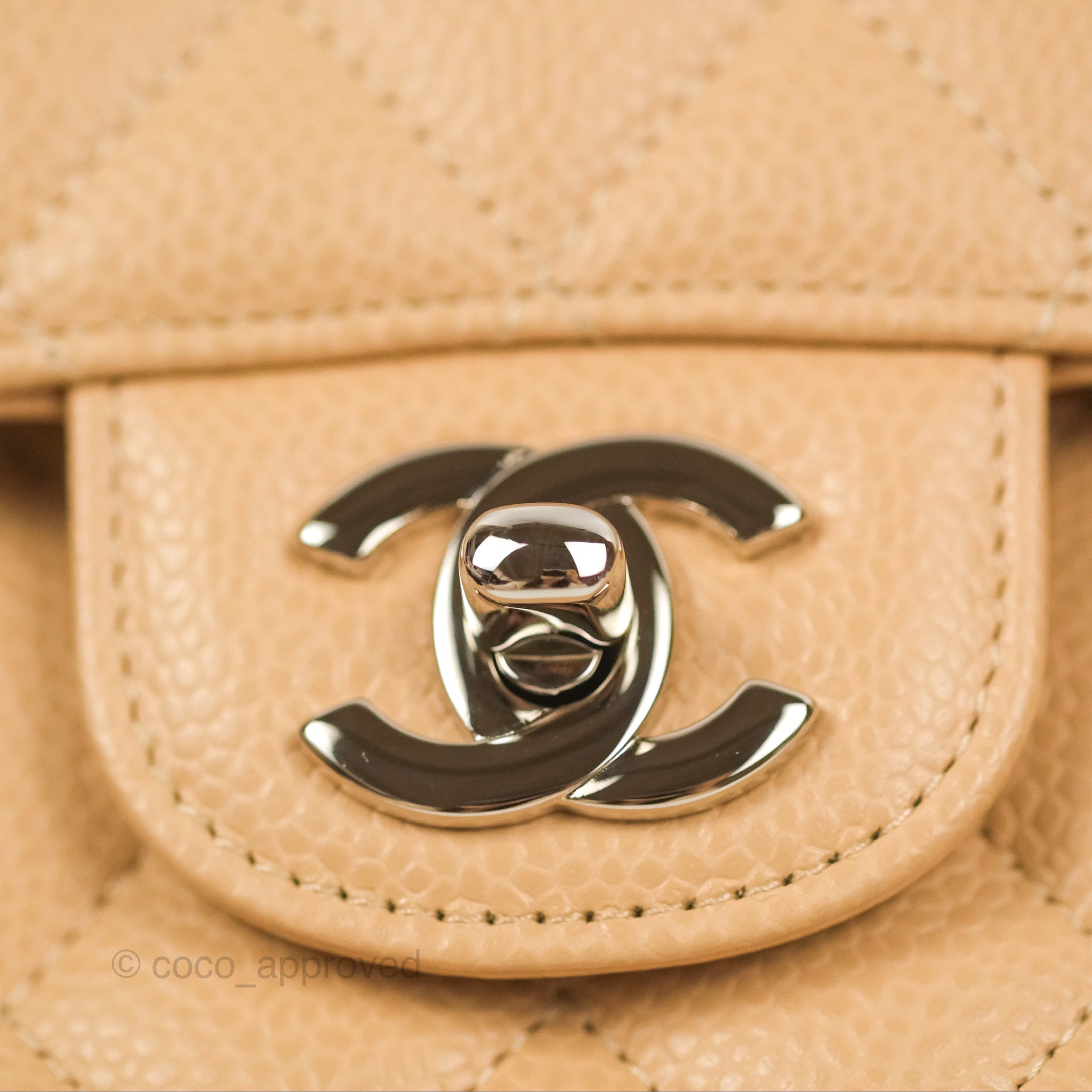Chanel Classic Medium Double Flap Bag Quilted Beige Caviar Leather with Silver Hardware - Luxury Designer Handbag for Women, Perfect for Work, Evening & Special Occasions