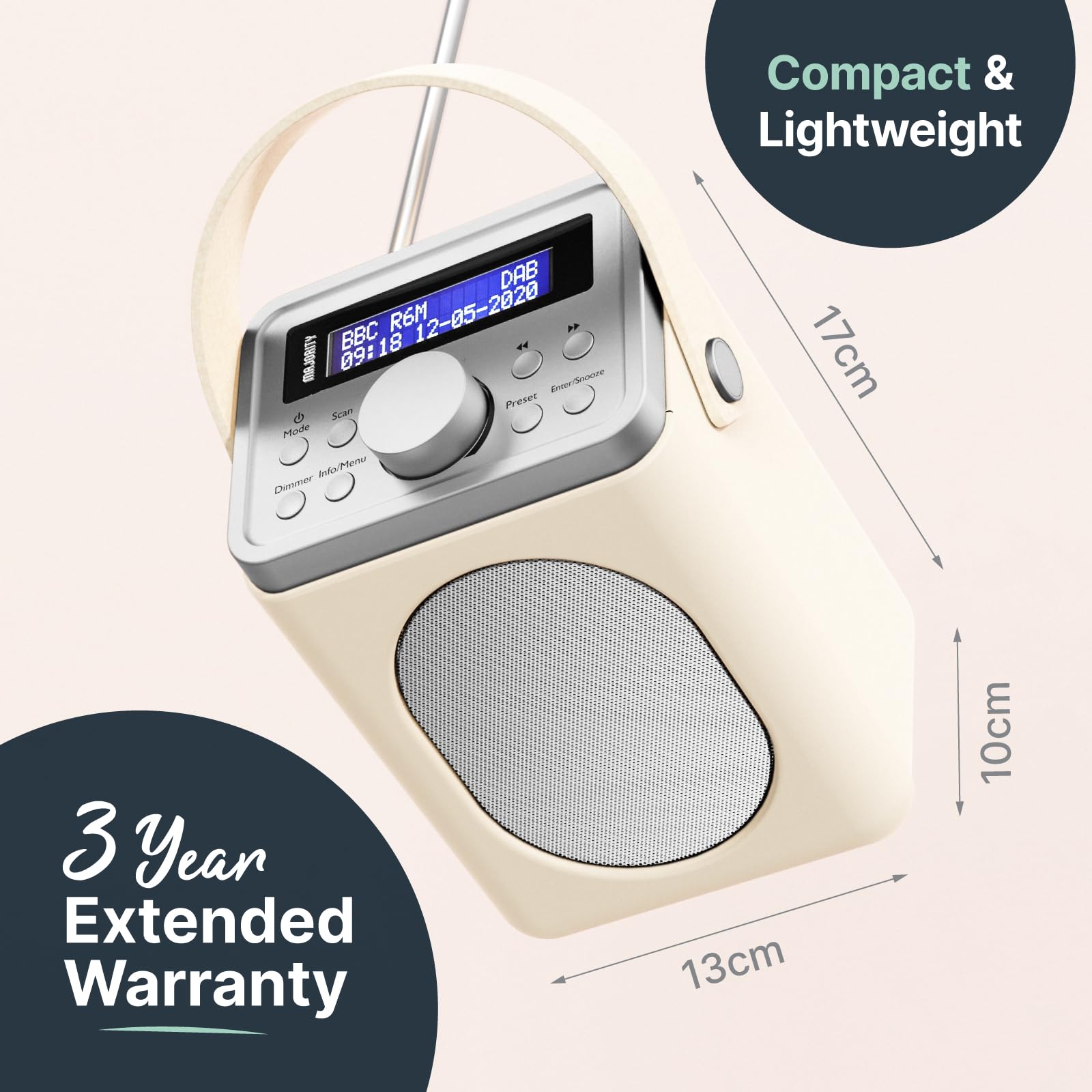 Portable DAB+ Digital Radio with Bluetooth 5.0 | 15-Hour Rechargeable Battery & AC Power | Dual Alarm Clock with Snooze | 20+ Presets, FM Tuner, LED Display, 3.5mm Headphone Jack | MAJORITY Little Shelford (Cream Grey) | Perfect for Bedroom, Kitchen, Office & Travel