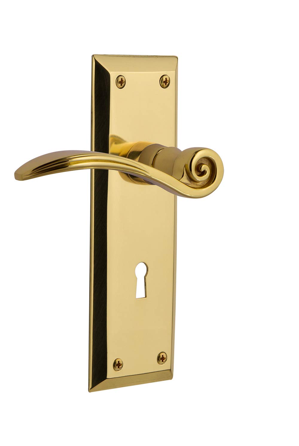 Nostalgic Warehouse New York Plate Privacy Door Knob with Keyhole Swan Lever in Unlacquered Brass - Vintage Style Door Hardware for Bedroom, Bathroom & Interior Doors