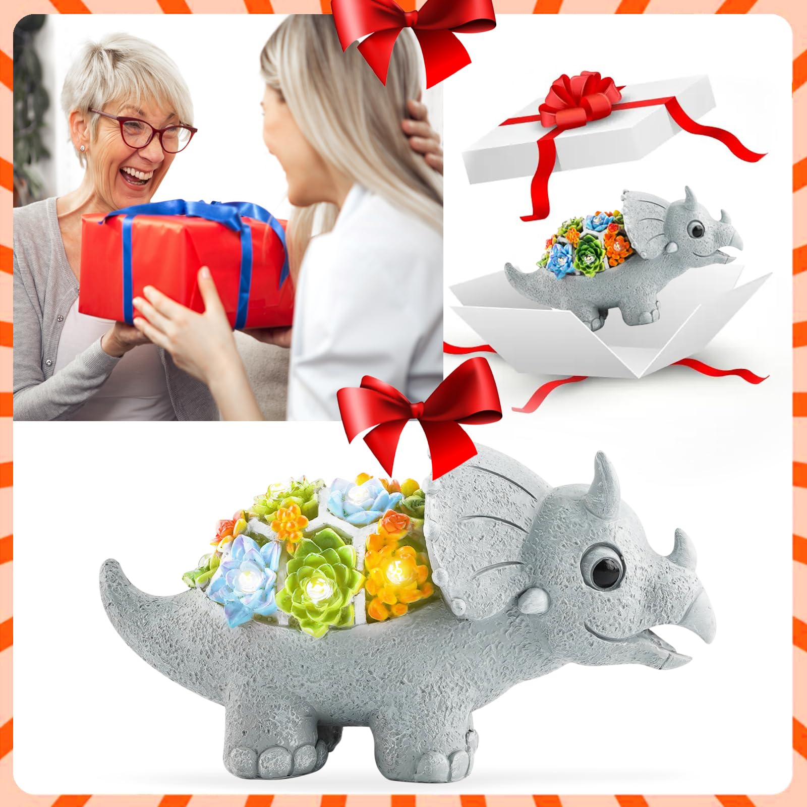 Solar Dinosaur Garden Statues with LED Lights & Succulent Planter - Outdoor Lawn Decor for Patio, Balcony, Yard - Unique Housewarming & Birthday Gifts for Women, Mom, Grandma - Perfect for Garden Themed Parties & Dinosaur Lovers