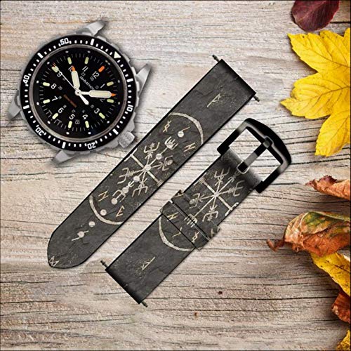 Viking Leather & Silicone Smart Watch Band - 20mm Adjustable Strap for Smartwatches - Norse Ancient Symbol Design - Perfect for Fitness, Work & Outdoor Activities
