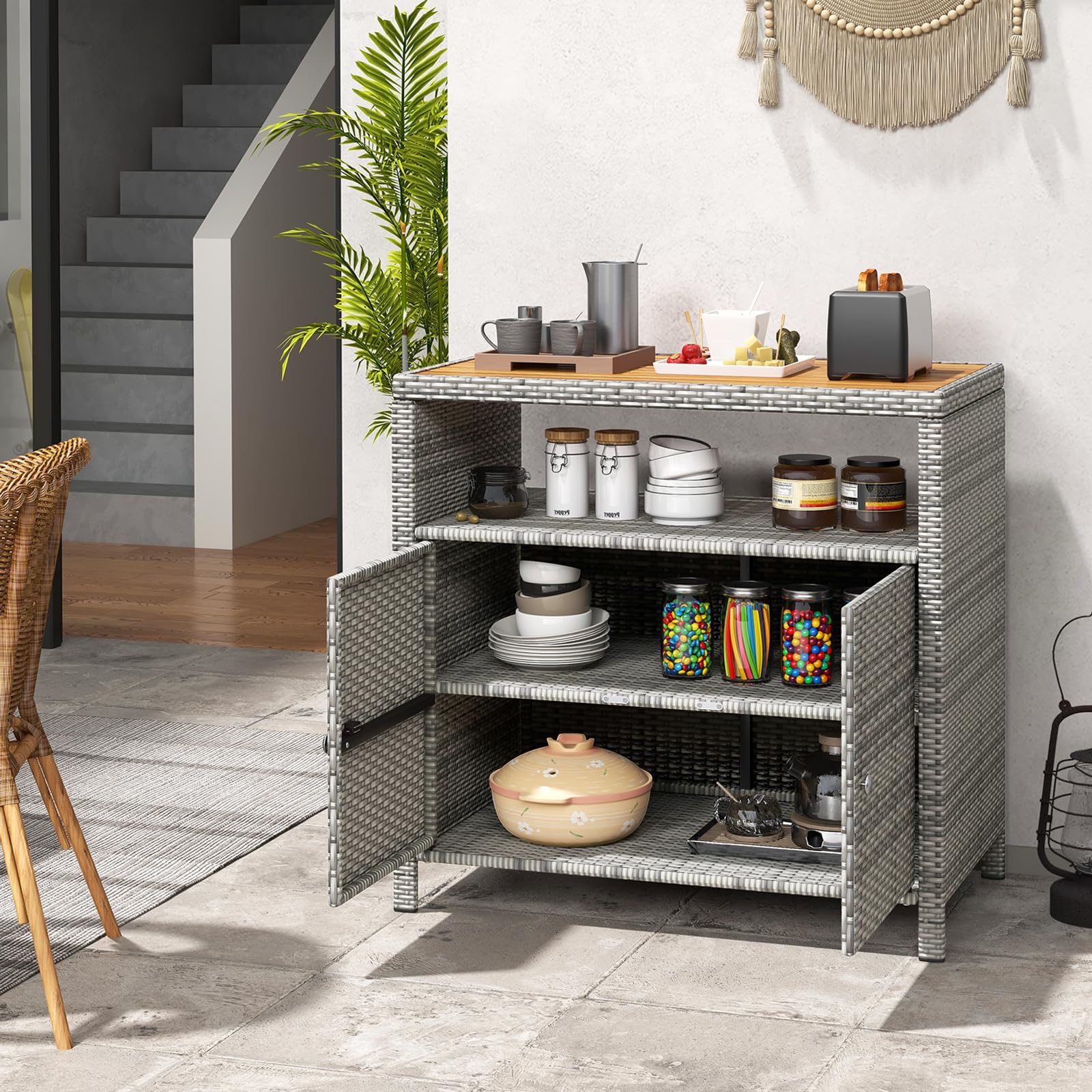 Tangkula Rattan Storage Cabinet with Acacia Wood Countertop - 2-Door Wicker Sideboard for Outdoor Patio, Poolside & Garden - Mix Grey Storage Organizer with Open & Enclosed Compartments