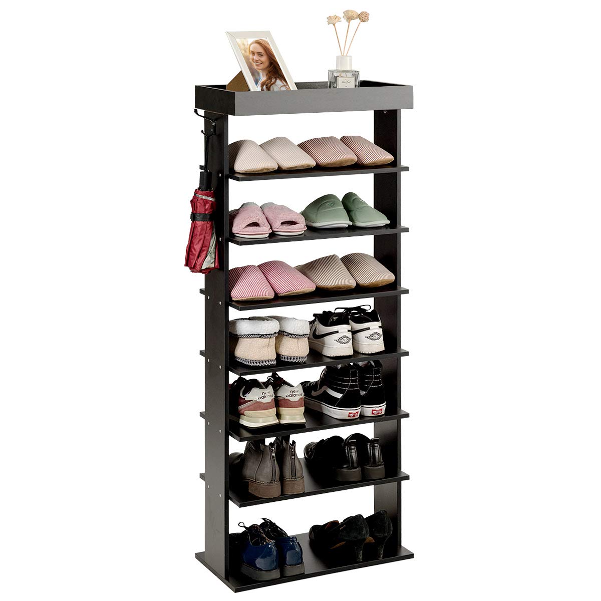 Tangkula 7-Tier Wooden Shoe Rack - Space Saving Vertical Shoe Organizer with Hooks & Top Storage Shelf | Entryway Shoe Storage Stand | Multi-Functional for Closet, Bedroom, Hallway (Black) - Perfect for Small Spaces & Home Organization