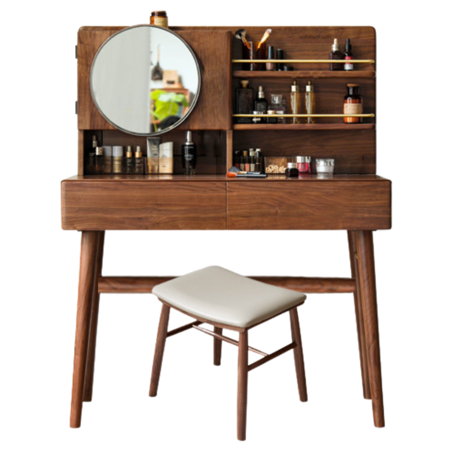 43.3х19.9х50.4 inch / 110х50.5х128 cm / Rich Dark Walnut color / Crescent makeup table + Stool off-white