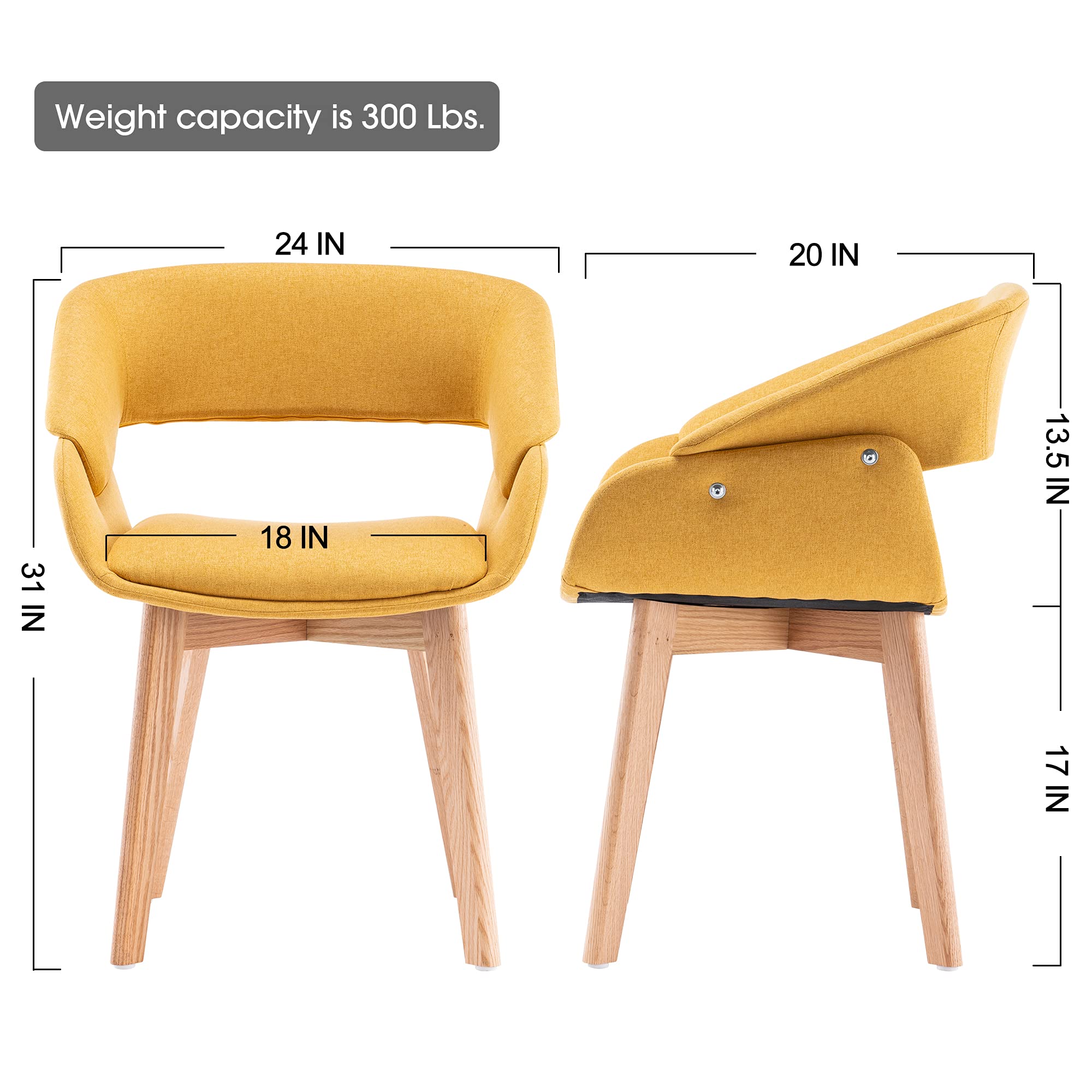 ivinta Mid-Century Modern Dining Chairs Set of 2 - Upholstered Accent Armchairs with Solid Wood Legs & Linen Fabric - Yellow Club Chairs with Cushions - Perfect for Dining Room, Living Room & Guest Seating