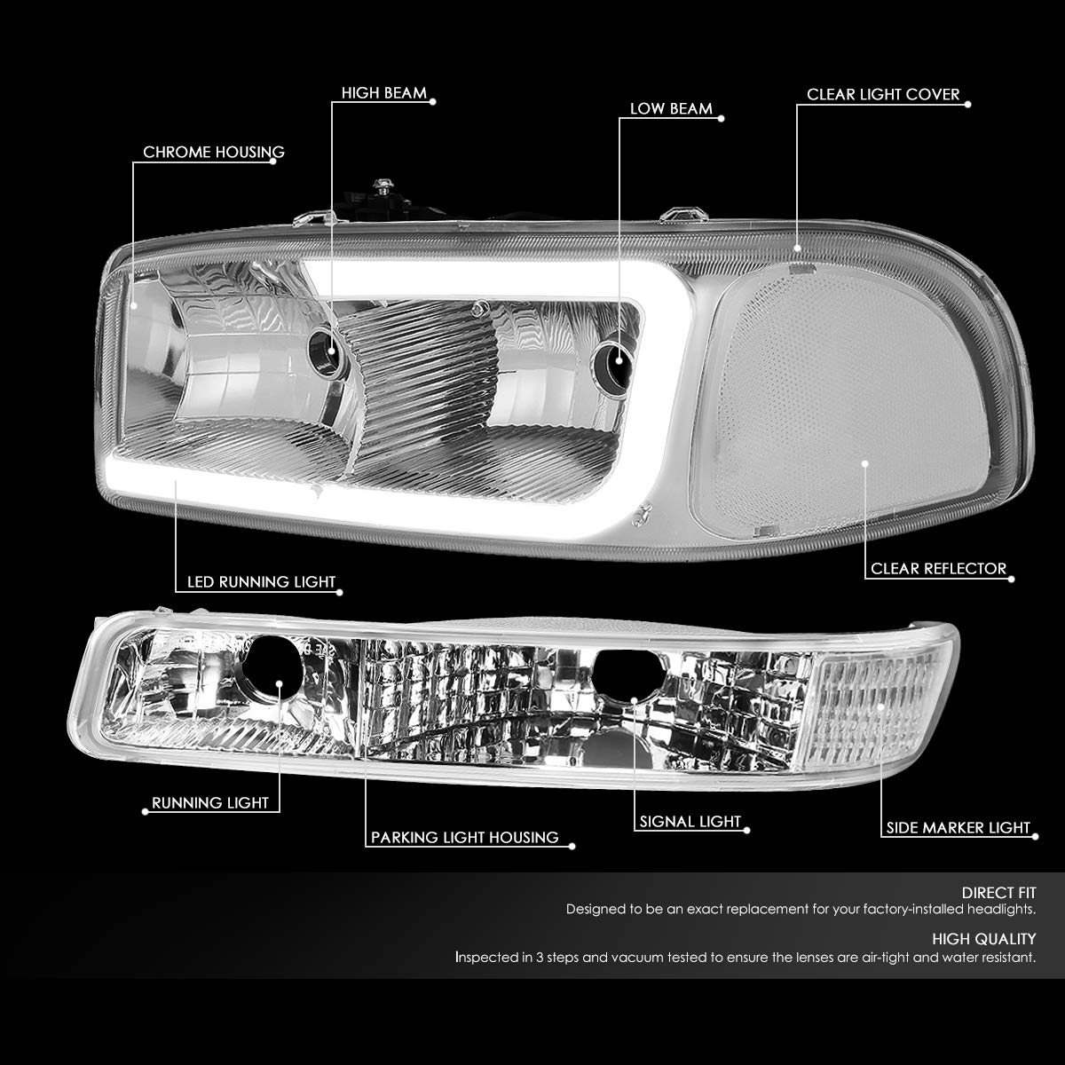 DNA MOTORING LED DRL Front Bumper Headlight Replacement for 99-06 GMC Sierra - Bright Daytime Running Lights for Enhanced Visibility & Style - Perfect for Off-Roading, Night Driving & Custom Truck Upgrades