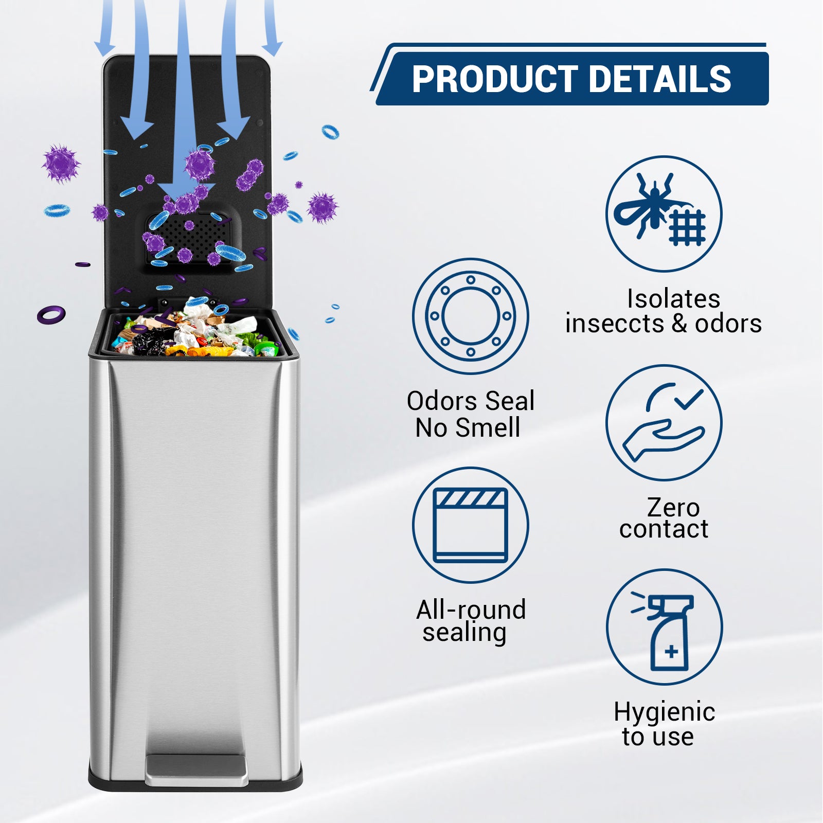 GARVEE 4 Gallon (15 Liter) Stainless Steel Step Trash Can with Removable Inner Bucket - Slim Rectangle Garbage Bin with Soft Close Lid for Bathroom, Living Room, Office & Kitchen - Ideal for Home, Office & Commercial Spaces