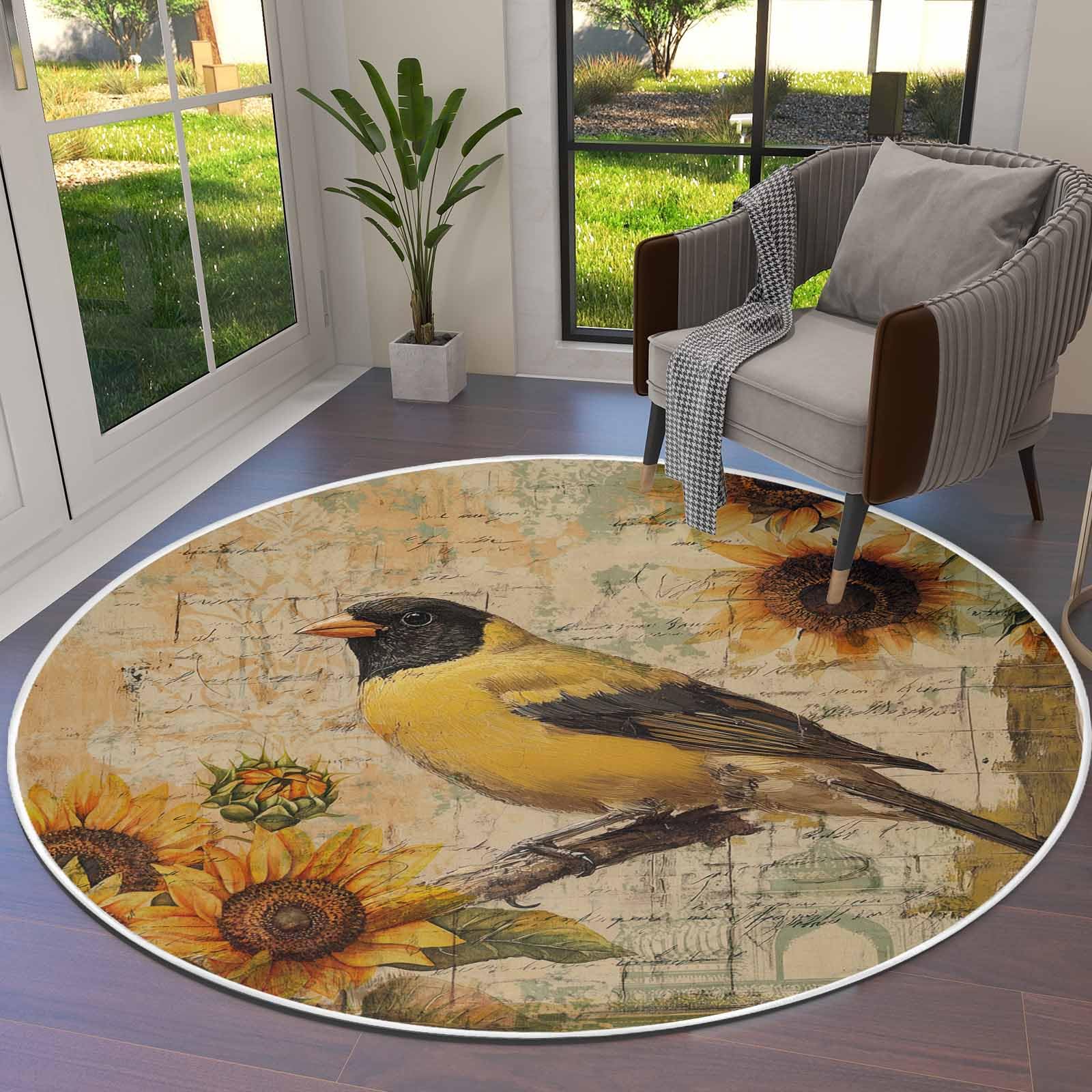 Sunflower Birds Round Area Rug 3ft - Soft Vintage Farmhouse Botanical Rug for Kids Room, Living Room, Bedroom | Machine Washable, Non-Shedding Circle Carpet Floor Mat | Perfect for Nursery Decor, Boho Home & Dorm Room Style
