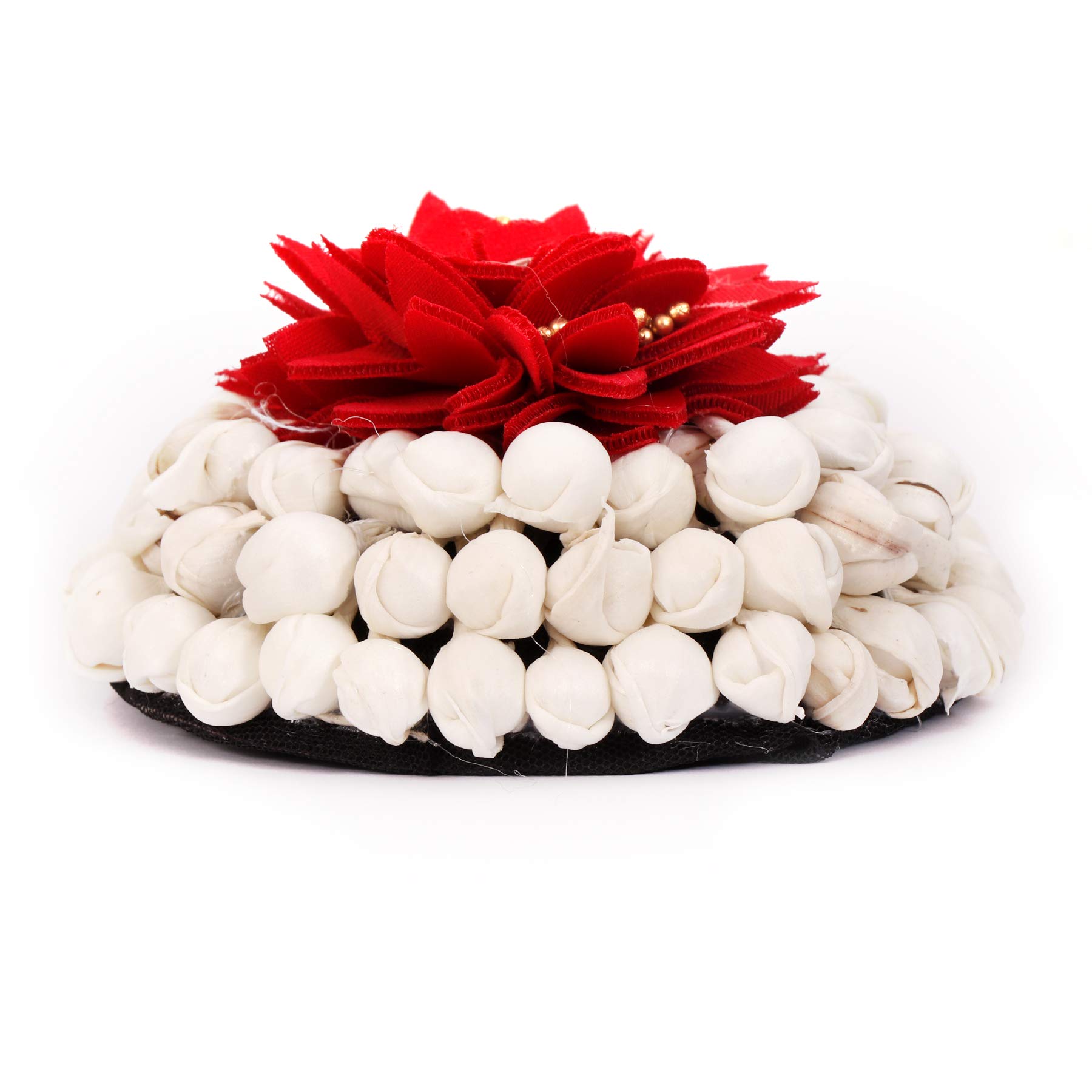 Shivarth Hair Bun & Mogra Flower Gajra - White Mogra Petals with Red Stone & Bead Work Rose Flower Hair Accessory for Women & Girls | Perfect for Weddings, Parties & Traditional Indian Hairstyles