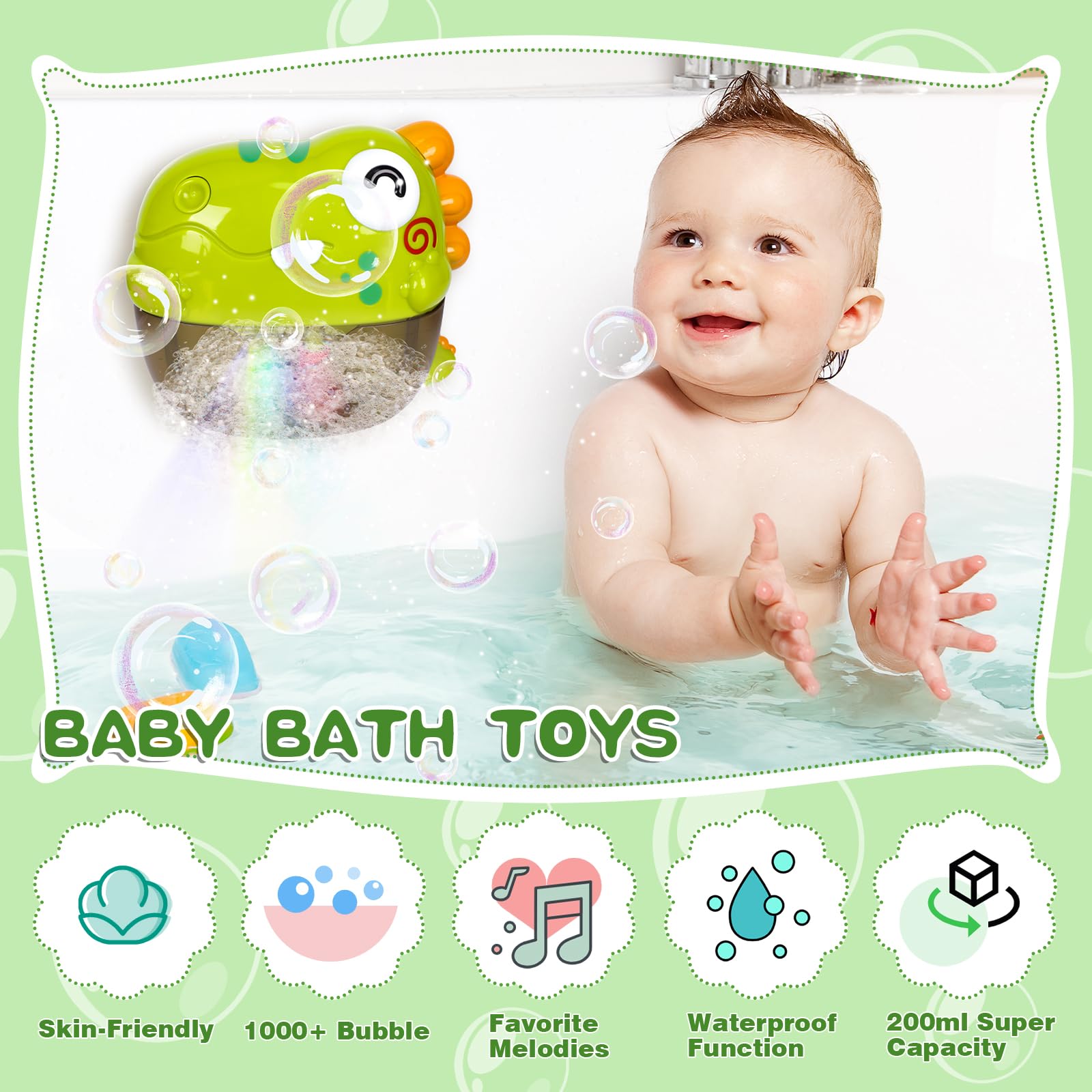 Dinosaur Bath Bubble Maker Toy for Toddlers 1-3 Years - Waterproof Musical Bath Toy for Baby Shower Play