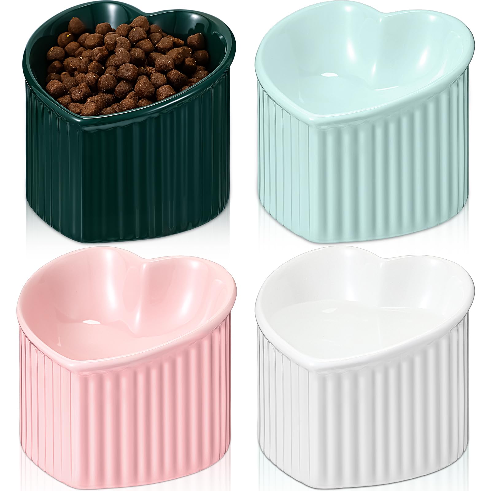 Dandat 4-Piece Ceramic Elevated Cat Bowls - Raised Shallow Pet Food & Water Dishes for Kittens - Helps Reduce Digestion Issues & Vomiting - Stress-Free Feeding for Indoor Cats - Perfect for Small Spaces & Sensitive Stomachs