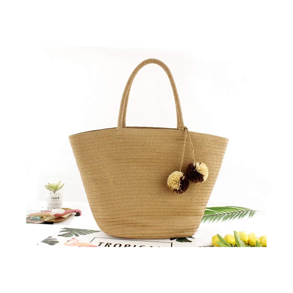 Women's Handwoven Straw Beach Tote Bag - Large Summer Shoulder Bag with Pom Pom Decor in Khaki | Perfect for Beach Vacations, Picnics & Poolside Lounging