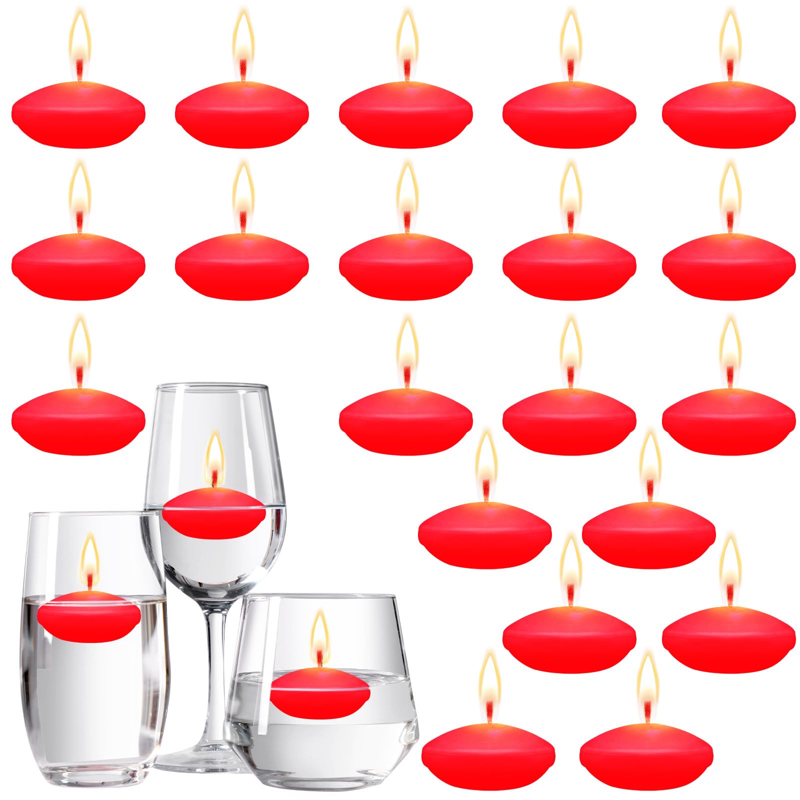 Floating Candles for Wedding Decor - 20 Pack, 1.5 Inch Unscented Pool & Bathtub Candles - Romantic Dinner Party Centerpieces (Red)