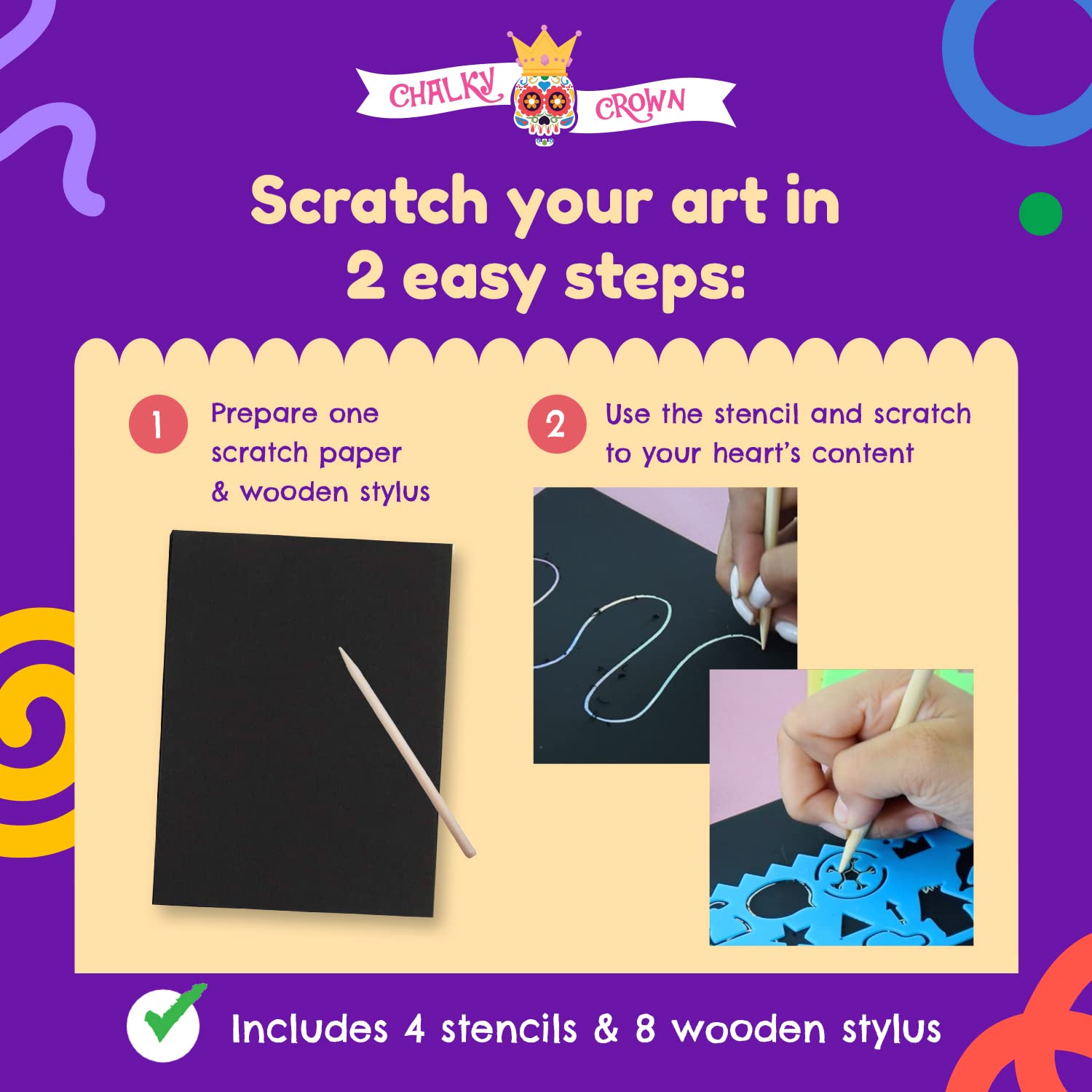 CHALKY CROWN Scratch Art Paper Set - Black & Rainbow Scratch Art Paper for Kids DIY Crafts - Creative Art Supplies for Birthday Parties, Classroom Activities & Stress Relief