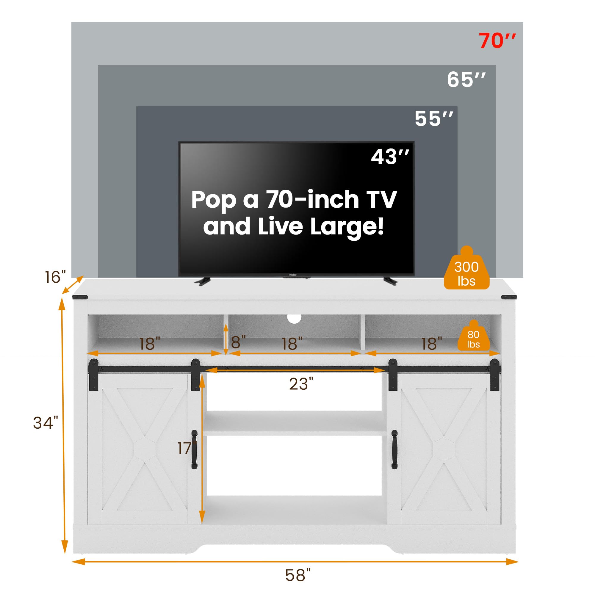 RoyalCraft Farmhouse Fireplace TV Stand for 65+ Inch TVs - 23