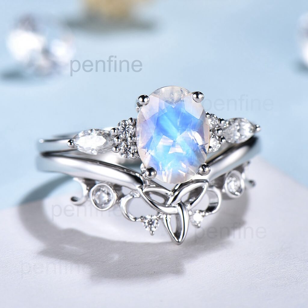 Viking Wedding Ring Set with Rainbow Moonstone - Norse Inspired Blue Oval Gemstone Engagement & Wedding Band for Women - Perfect for Handfasting Ceremonies, Pagan Weddings & Norse Themed Events