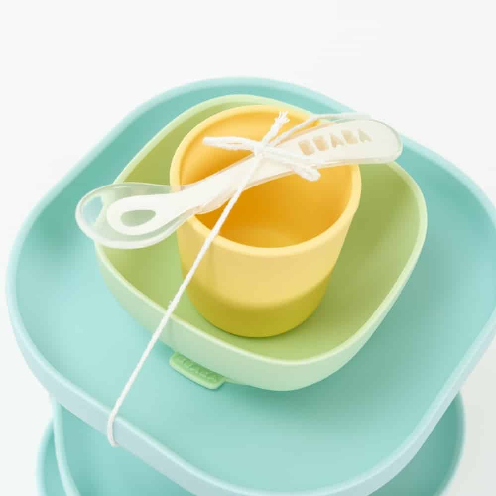 BEABA Silicone Baby Feeding Set - 4-Piece Toddler Meal Kit with Spoon, Fork, Bowl & Plate - BPA-Free, Dishwasher Safe for Easy Cleaning - Perfect for Home, Travel & Daycare Use