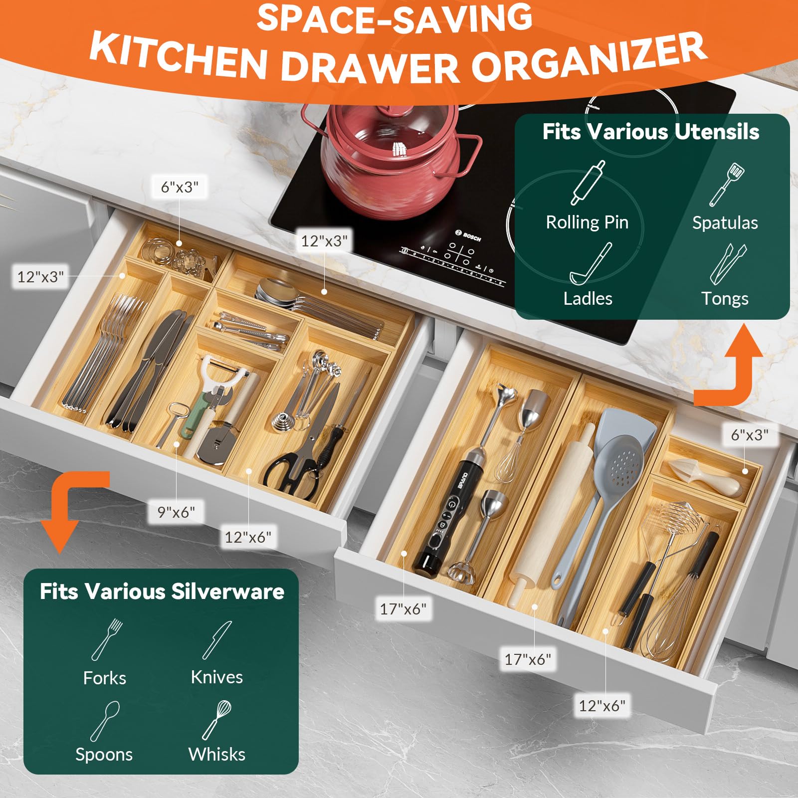 Premium Bamboo Drawer Organizer Set - 2-Piece Stackable Silverware & Utensil Tray for Kitchen (12x3x2 Inch) | Eco-Friendly Cutlery Storage Solution | Perfect for Organizing Knives, Forks, Spoons & Cooking Tools