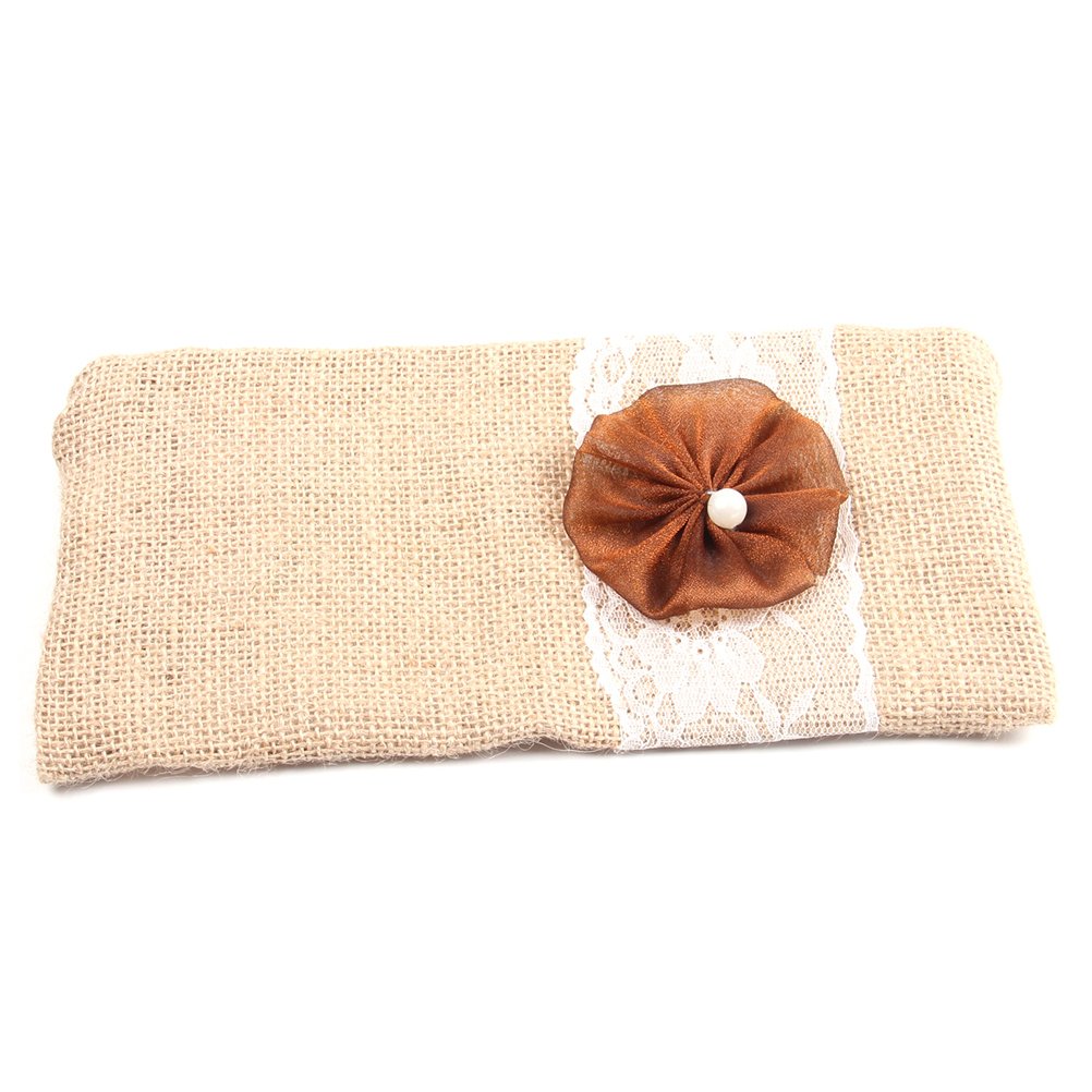Elegant Burlap Clutch Purse with Floral Lace for Bride & Bridesmaids - Wedding Makeup Bag or Gift (Coffee Flower Design) - Perfect for Bridal Showers, Receptions & Special Occasions