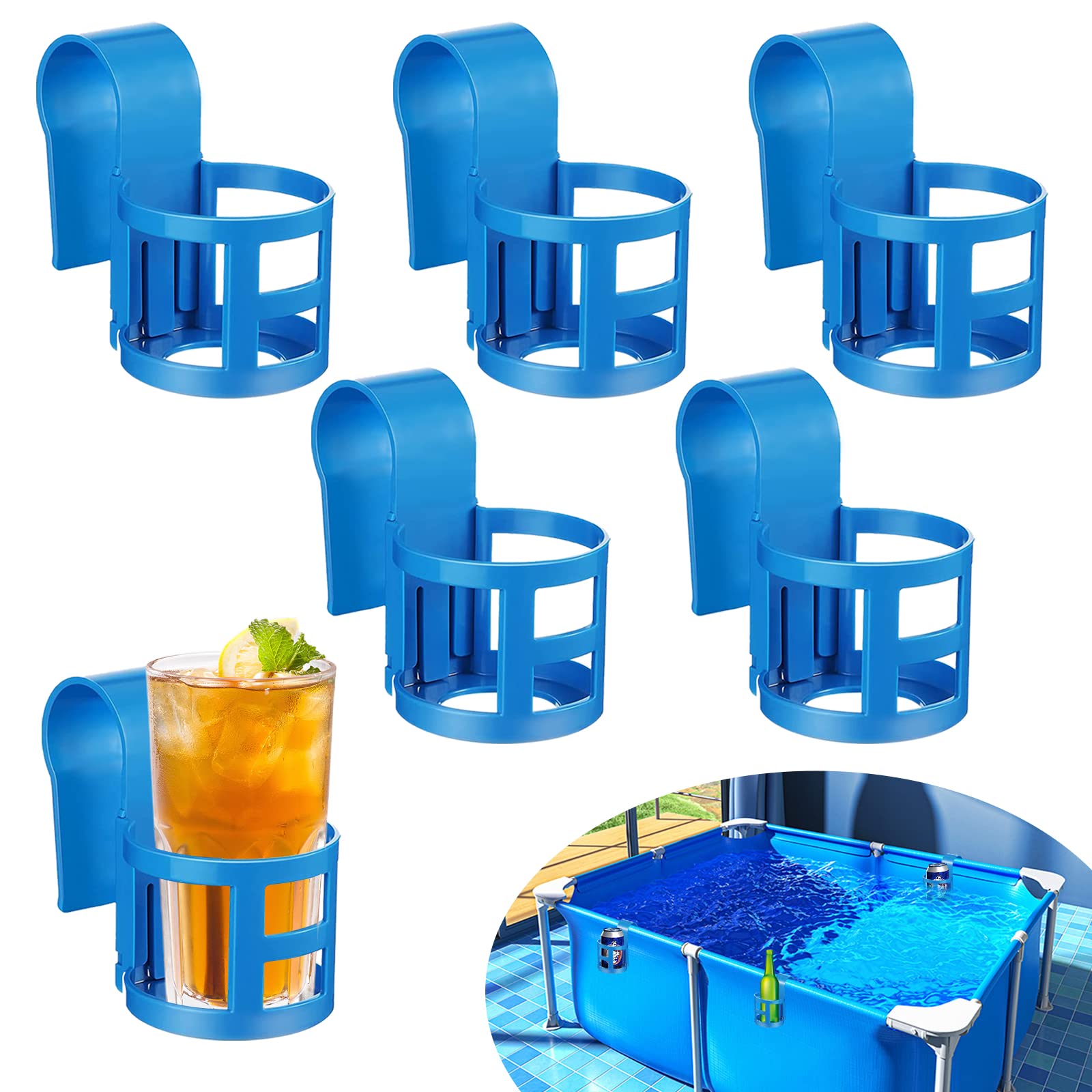 6 Pcs Poolside Cup Holder for Above Ground Pools - No Spills Plastic Drink Holder, Fits 2 Inch or Less Round Top Bar - Perfect for Swimming Pool, Backyard, and Outdoor Relaxation