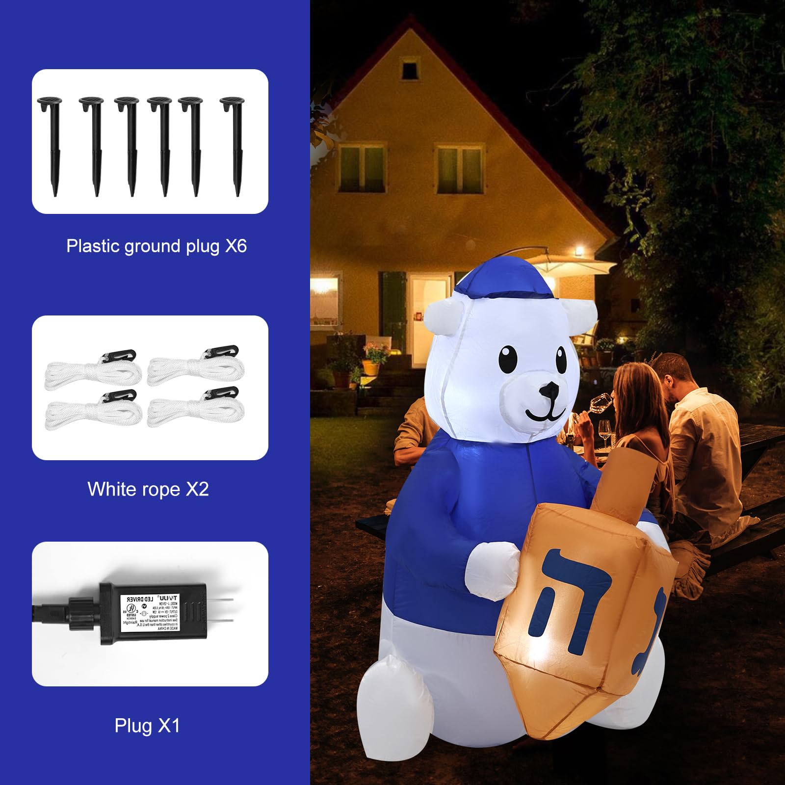 4ft Hanukkah Inflatable Outdoor Decorations - LED Light-Up Hanukkah Bear for Indoor/Outdoor Patio, Garden & Yard - Holiday Party, Festival & Home Decoration