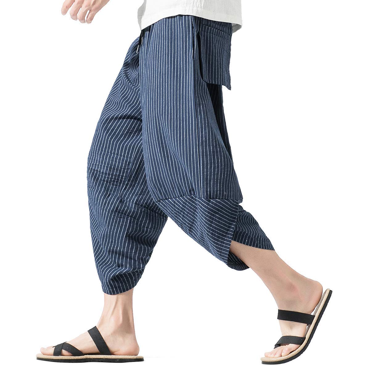 PRIJOUHE Men's Harem Capri Pants - Breathable Wide Leg Linen Pants for Men | Summer Casual Wear, Beach Vacation & Yoga Outfits