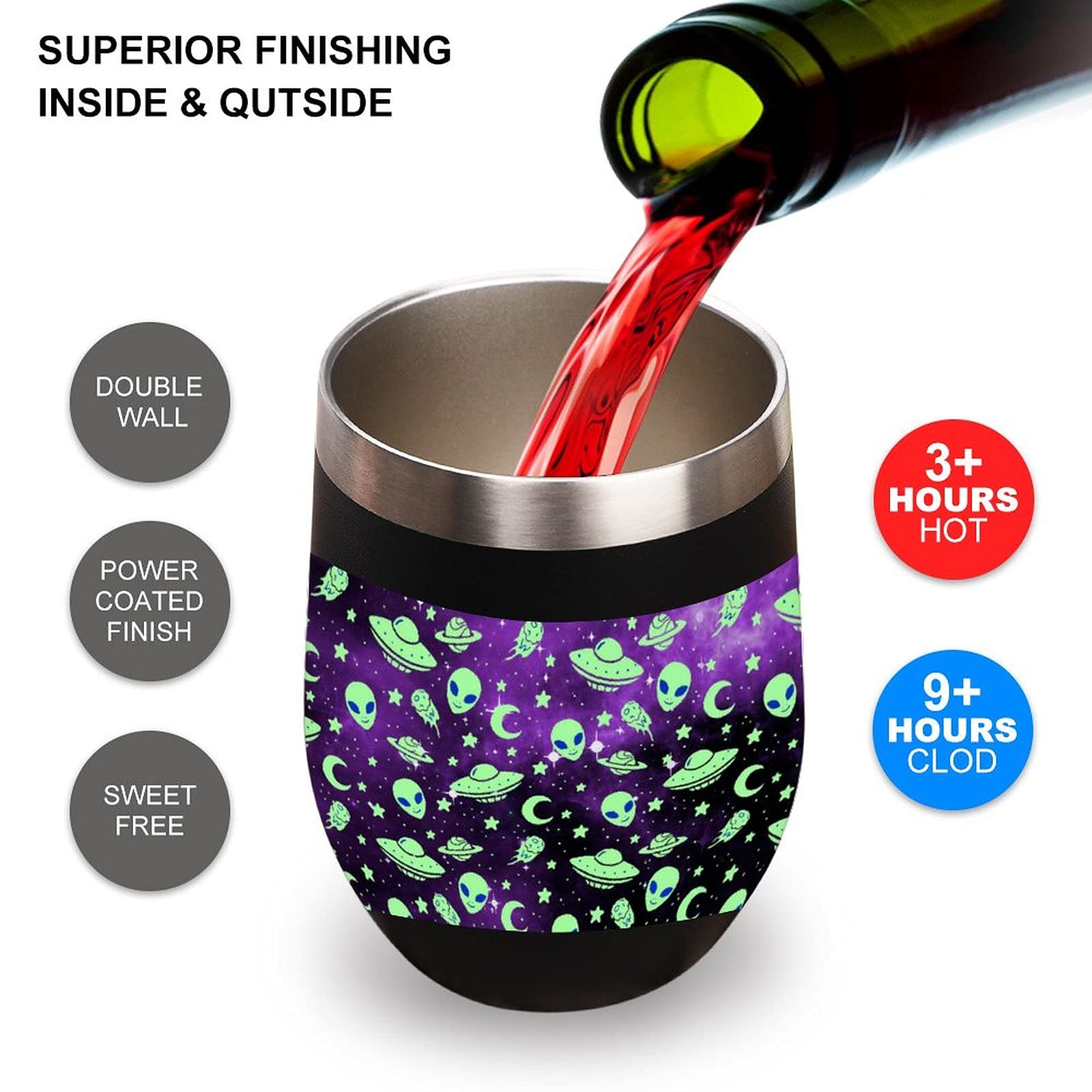 Galaxy Alien Vacuum Insulated Wine Tumbler - Stainless Steel Travel Mug for Coffee & Wine On-the-Go