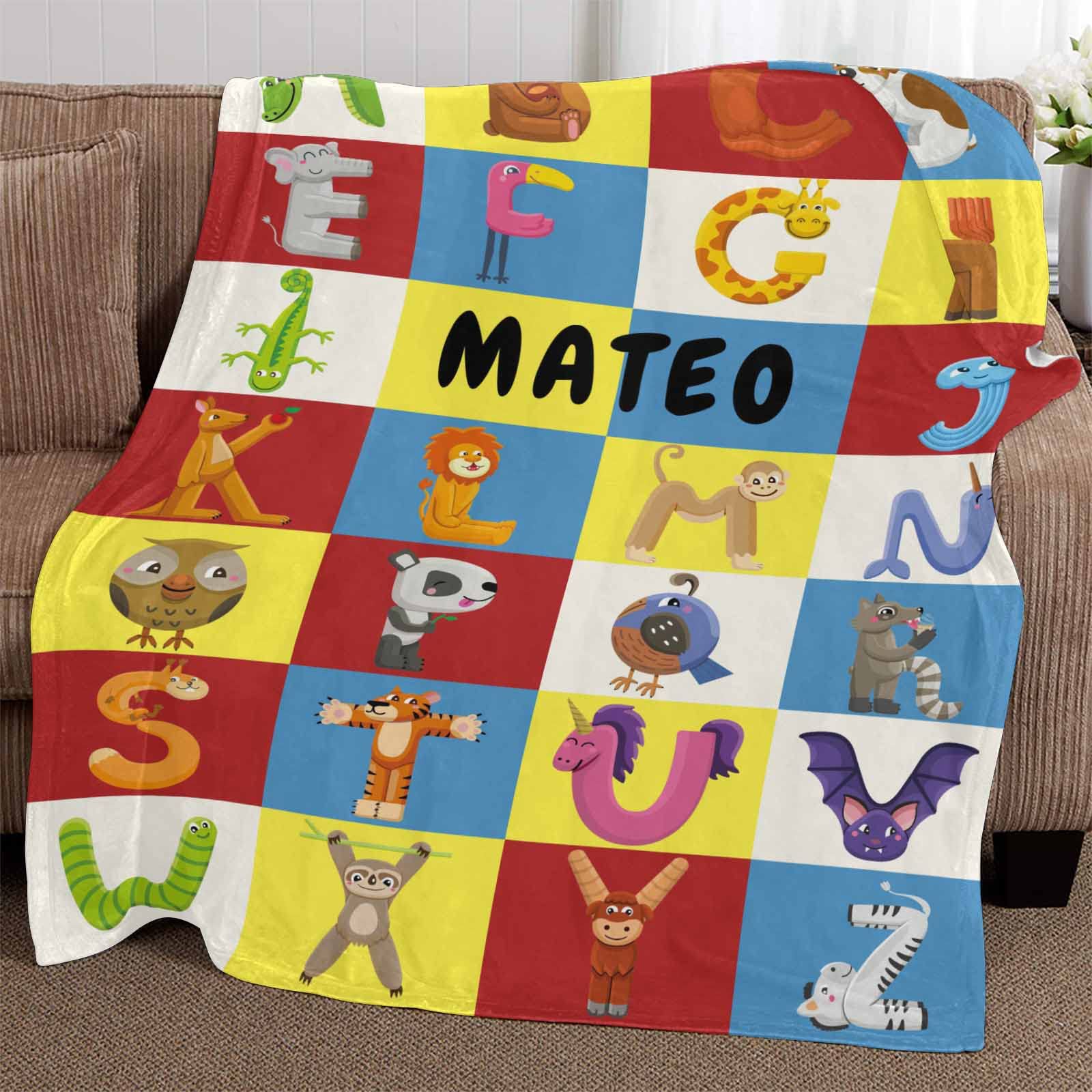 YESCUSTOM Personalized Baby Name Blanket - Custom ABC Animals Alphabet Fleece Blanket for Newborns, Girls & Boys | Super Soft Baby Gift for Showers, Nursery & Photo Props