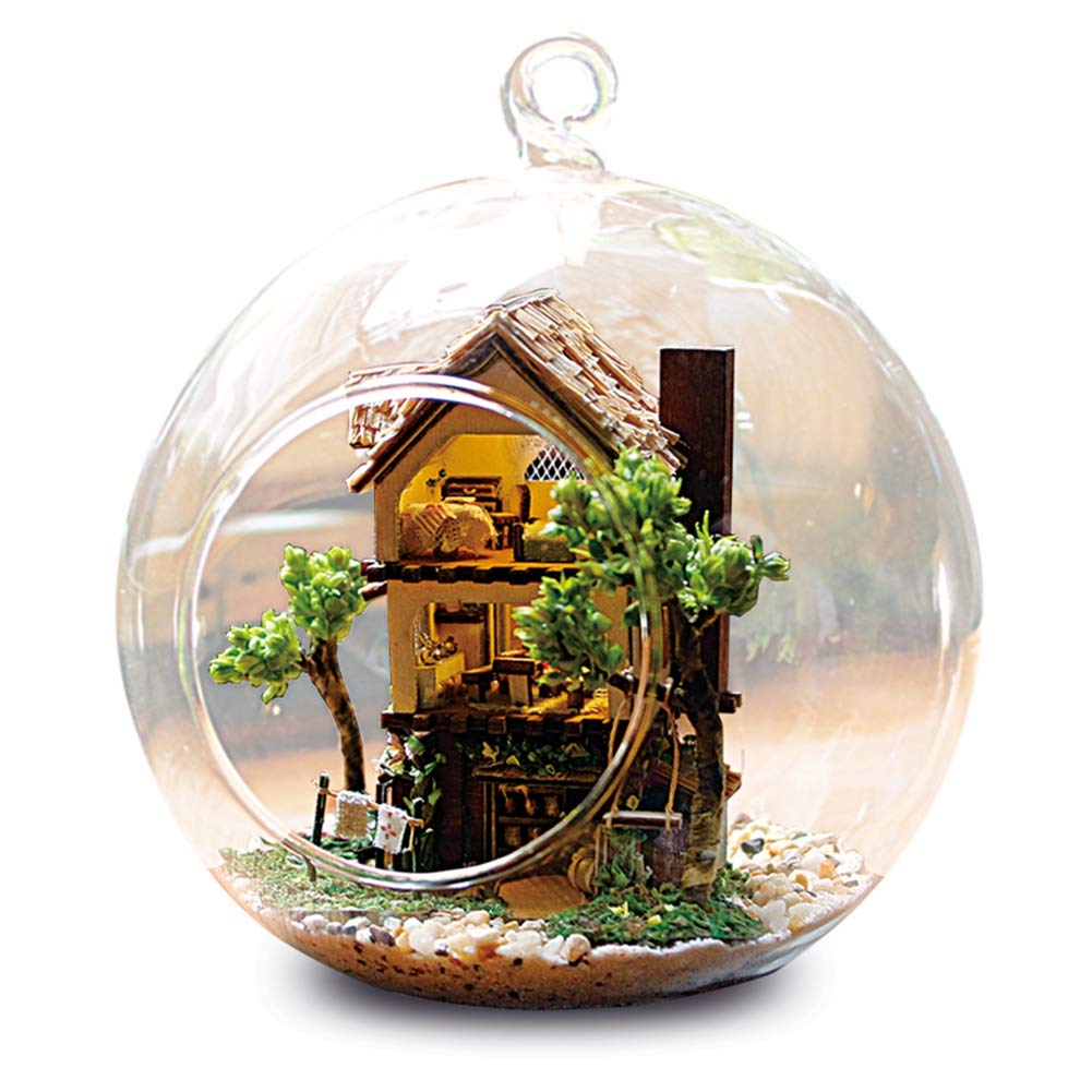DIY Dollhouse Kit - Acouto Miniature Handmade Doll House with Glass Dust Cover | Creative Craft Project for Kids & Adults | Perfect for Home Decor, Gift Giving & Collectors