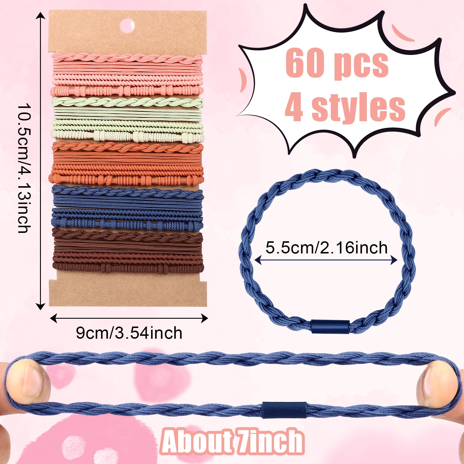 60 Pcs Boho Hair Ties Set - 4 Styles Elastic Hair Tie Bracelets for Women & Girls (Thick/Thin Hair) - Perfect for Ponytails, Braids & Everyday Wear