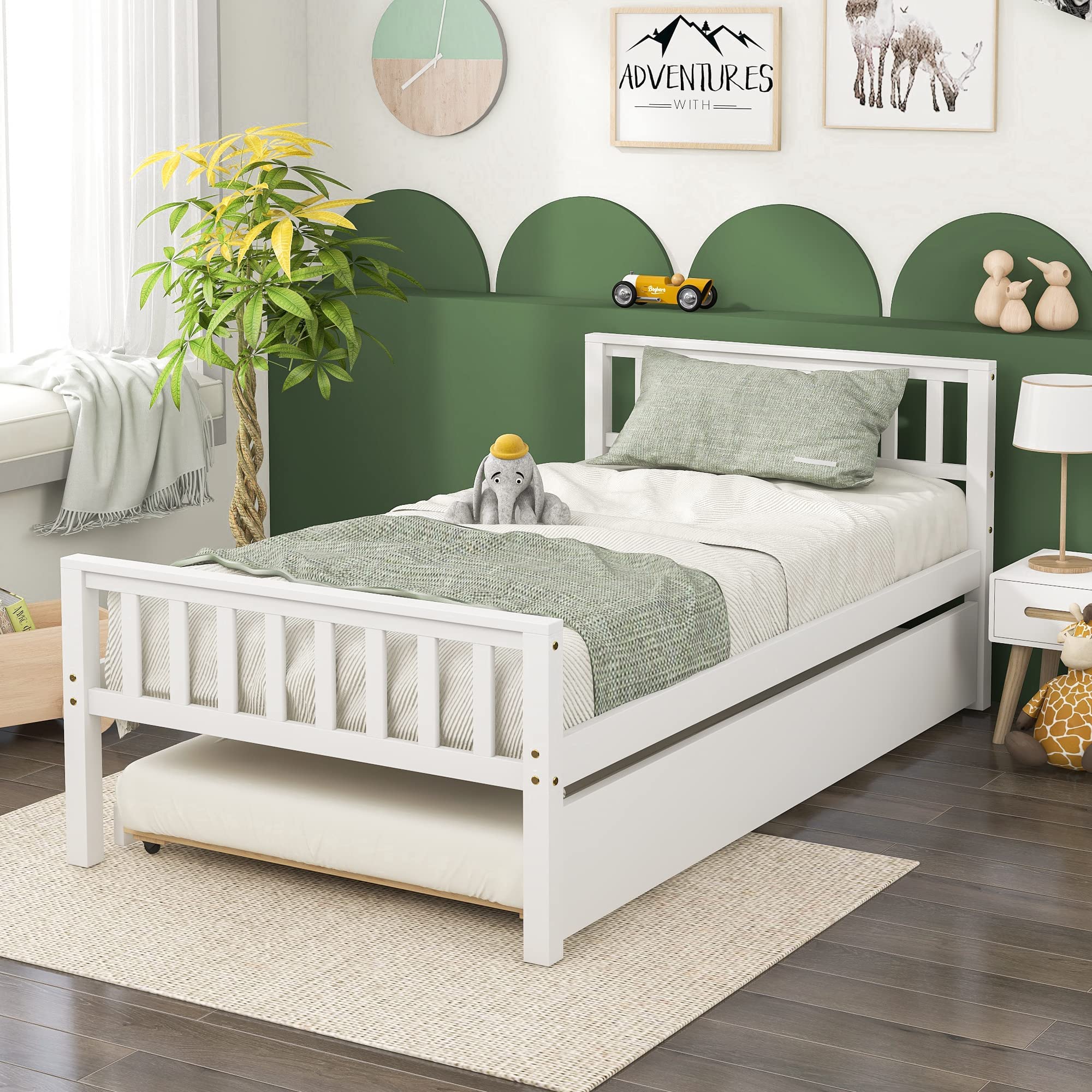 KINFFICT Solid Pine Wood Twin Platform Bed Frame with Trundle - Sturdy Daybed with Headboard & Footboard, 10 Thick Slats for Strong Support (No Box Spring Needed) - Perfect for Kids' Rooms, Guest Rooms & Small Spaces (White)