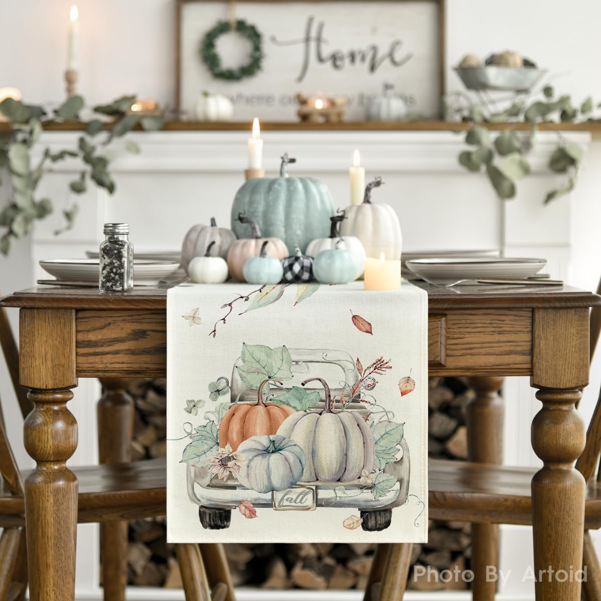Artoid Mode Pumpkins Truck Leaves Fall Table Runner - 13x108 Inch Seasonal Autumn Kitchen & Dining Table Decoration for Home, Thanksgiving & Halloween Party Decor | Perfect for Farmhouse, Rustic & Cozy Home Décor
