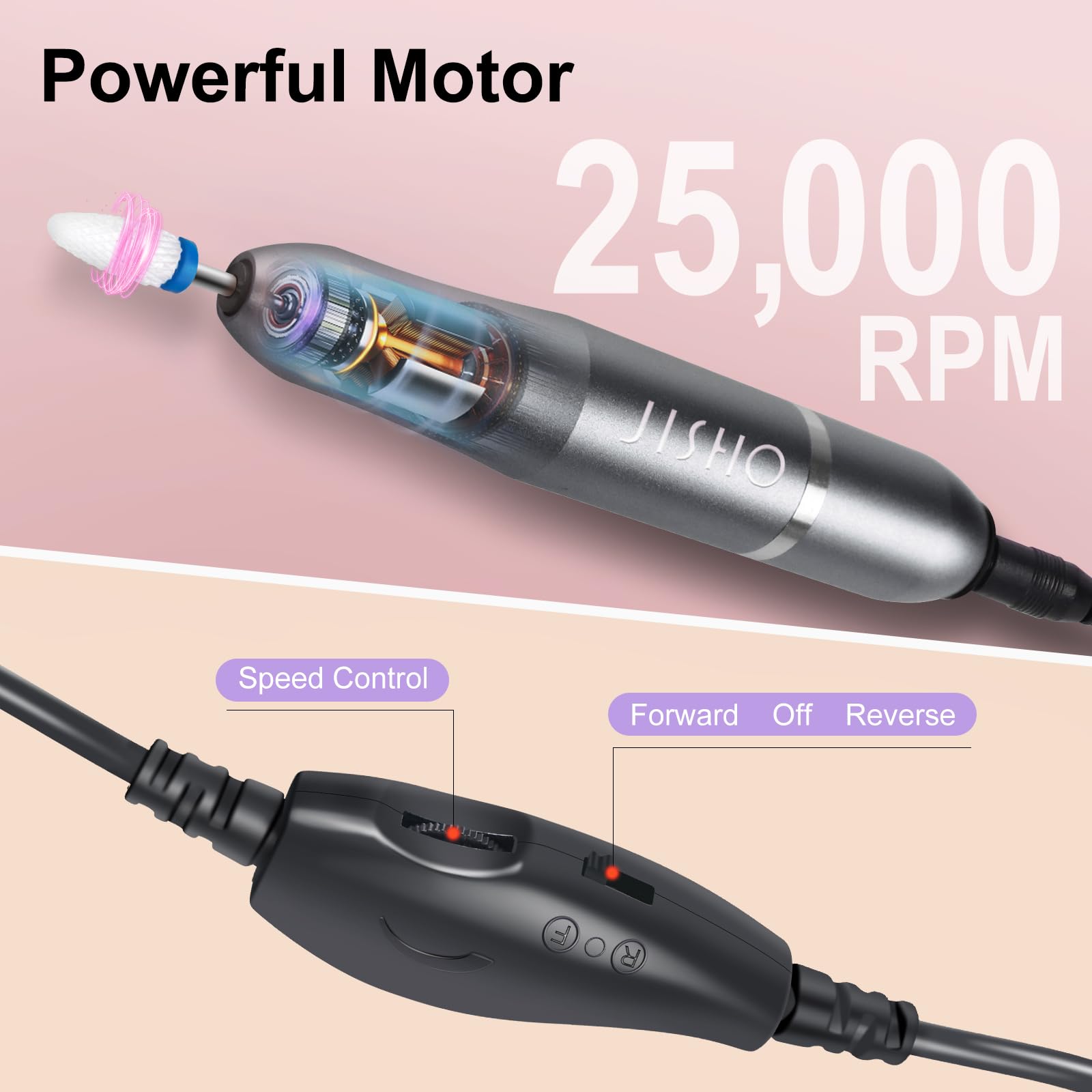 JISHO Professional Electric Nail Drill Machine - 25000 RPM Adjustable Speed, Corded Nail File with Ceramic Bits for Acrylic Nails, Gel & Manicures - Portable Design for Home & Salon Use (Gray) - Perfect for Beginners & Nail Technicians