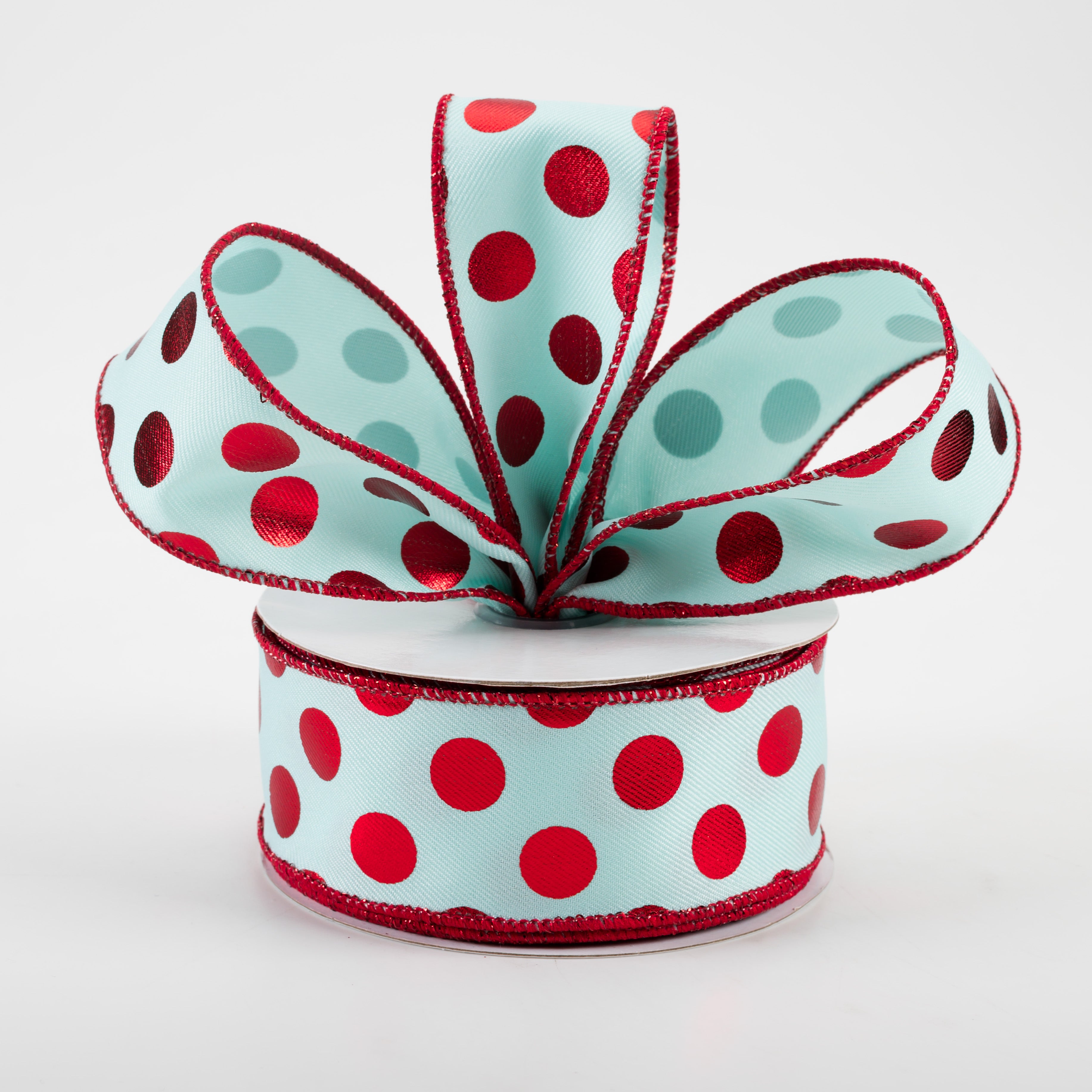 1.5 Inch Metallic Polka Dot Ribbon - Ice Blue & Red Decorative Craft Ribbon (10 Yards) for Gift Wrapping, DIY Projects, Party Decorations and Scrapbooking