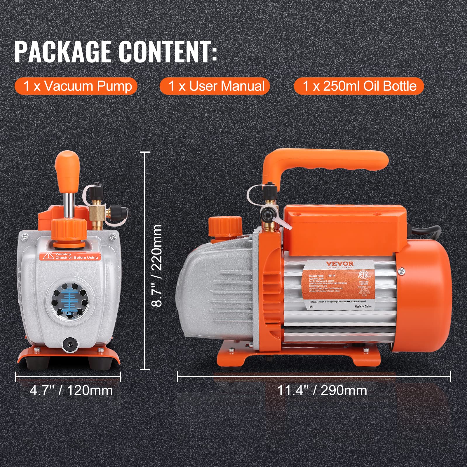 VEVOR 1/5 HP Single Stage Vacuum Pump, 3.5 CFM, 120V AC Air Conditioning Vacuum Pump with 1/4