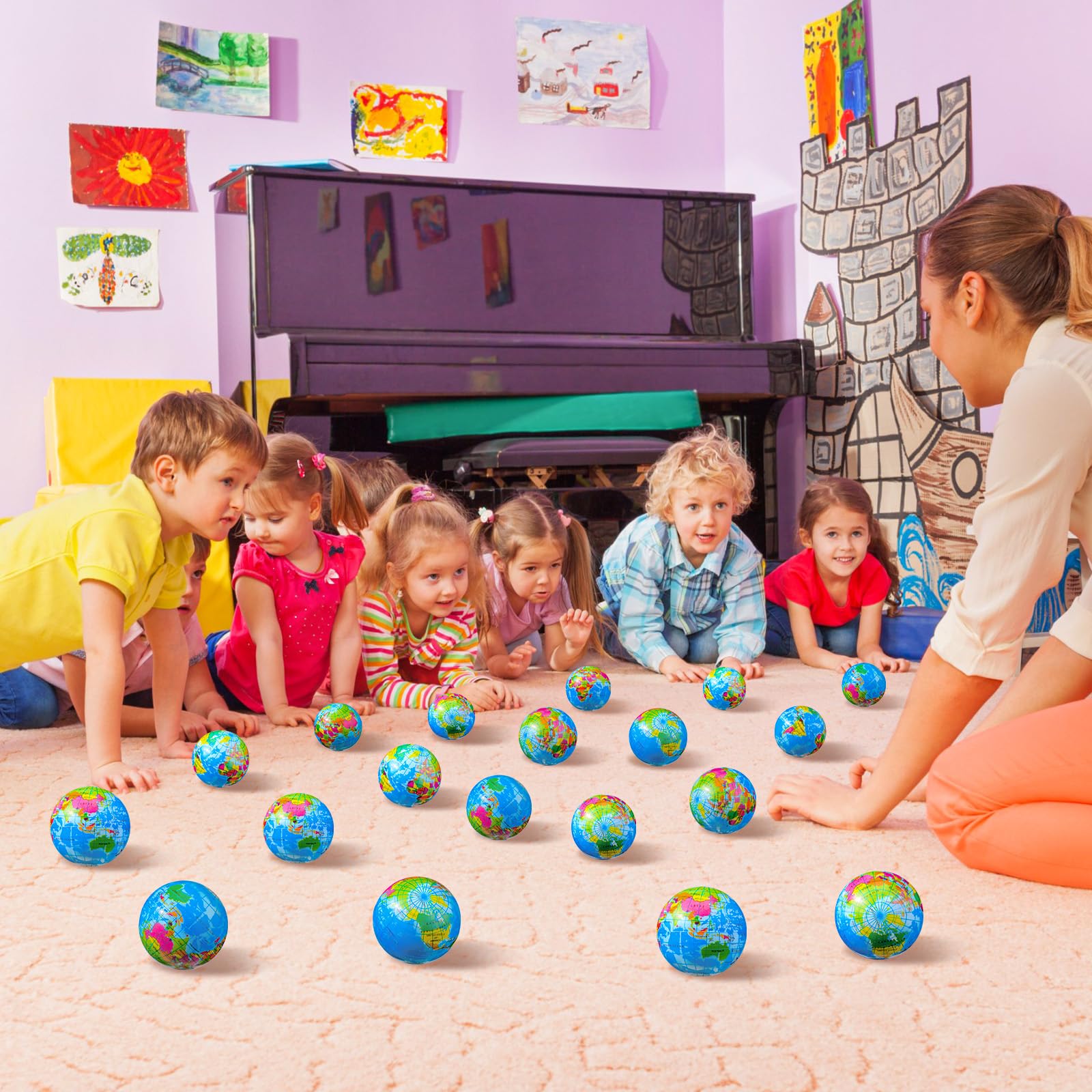200 Pcs 2 Inch Mini World Earth Stress Balls - Bulk Foam Squeeze Balls for Stress Relief, Finger Exercise & Education - Includes Blue Drawstring Bag - Perfect for School Rewards, Party Favors, Office Gifts & Sensory Therapy
