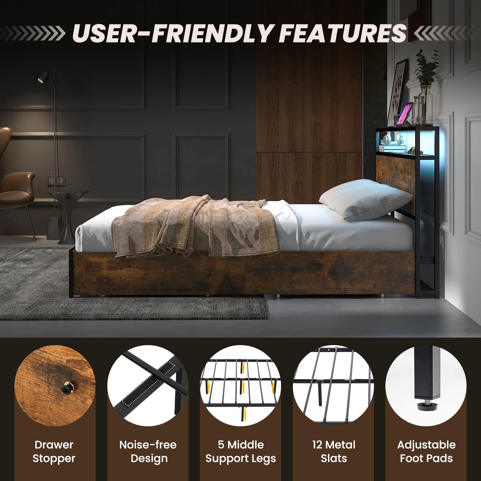 Giantex Full Size LED Bed Frame with USB Charging Station & Storage Drawers - Modern Metal Platform Bed with Outlet & Smart Lighting - Perfect for Small Apartments, Dorms & Smart Homes (No Box Spring Needed, Easy Assembly)