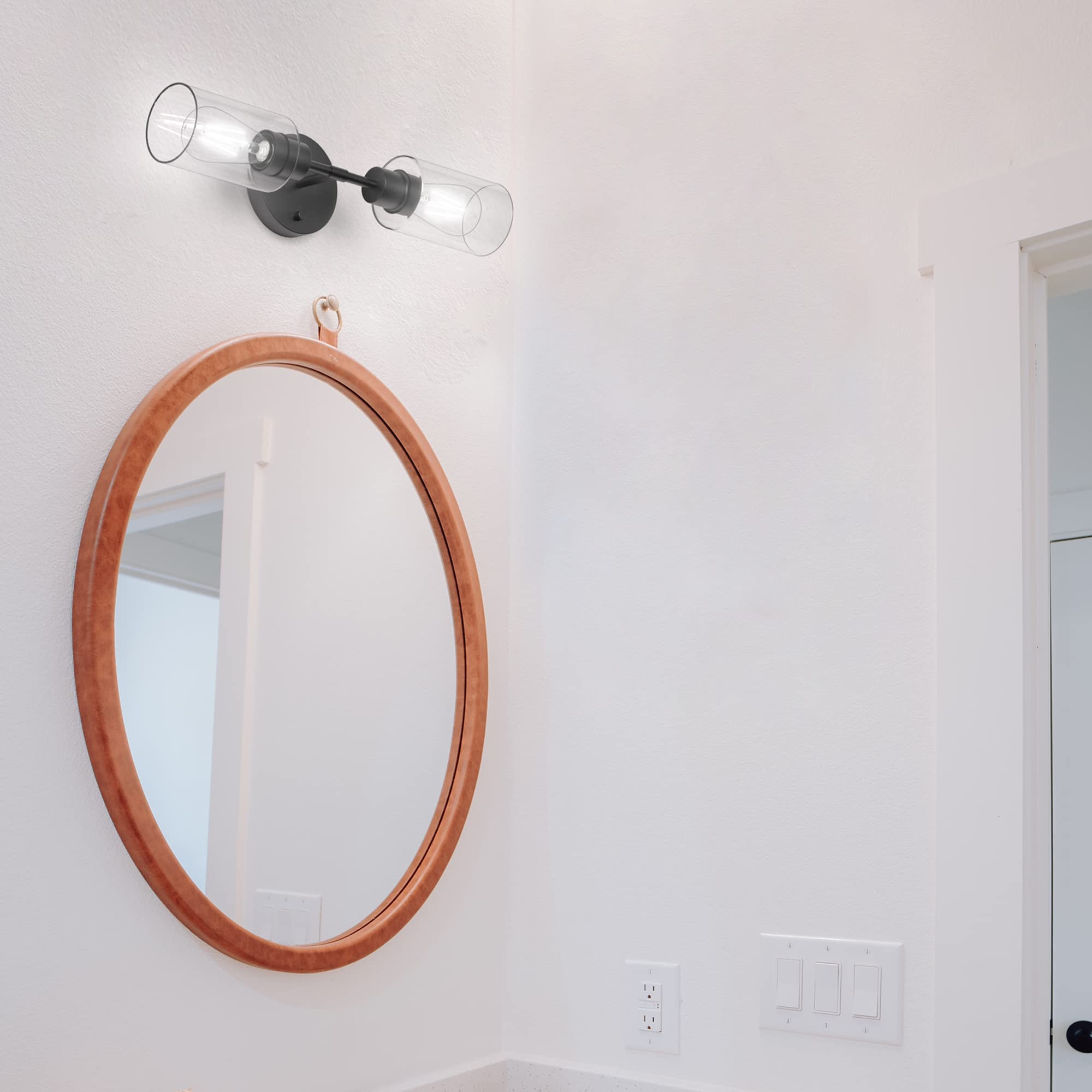 Espird Black Bathroom Vanity Lights - 2 Light Wall Sconce with Clear Glass Shades, Farmhouse Matte Black Finish, Modern Over Mirror Lighting for Bathroom, Bedroom, or Dressing Room