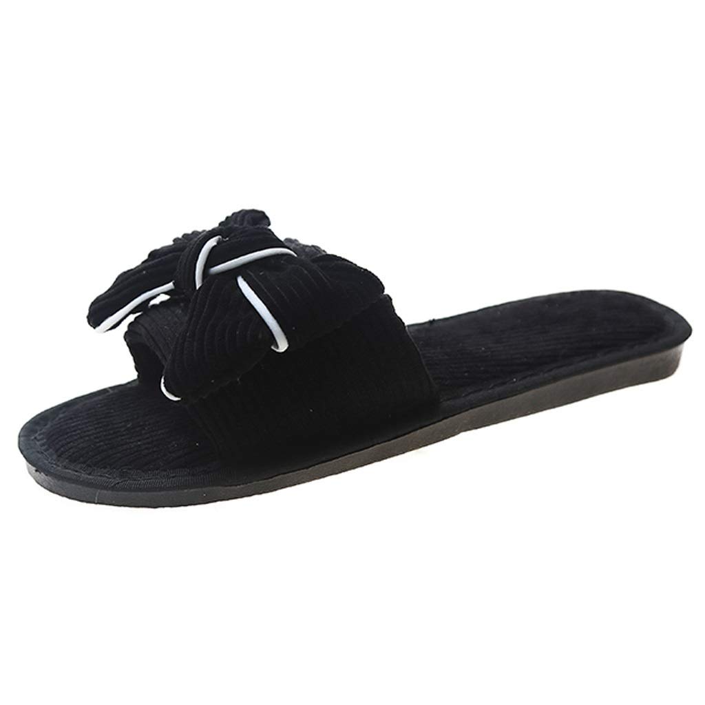 Butterfly Knot Corduroy Women's Non-Slip Indoor Slippers - Comfortable House Shoes for Spring & Autumn - Black Size 41 - Perfect for Living Room, Bedroom & Home Relaxation