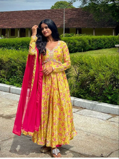 Yellow Alia Cut Floral Printed Anarkali Suit Set for Women | Indian Ethnic Dress for Festivals & Weddings | Elegant Party Wear & Special Occasion Outfit