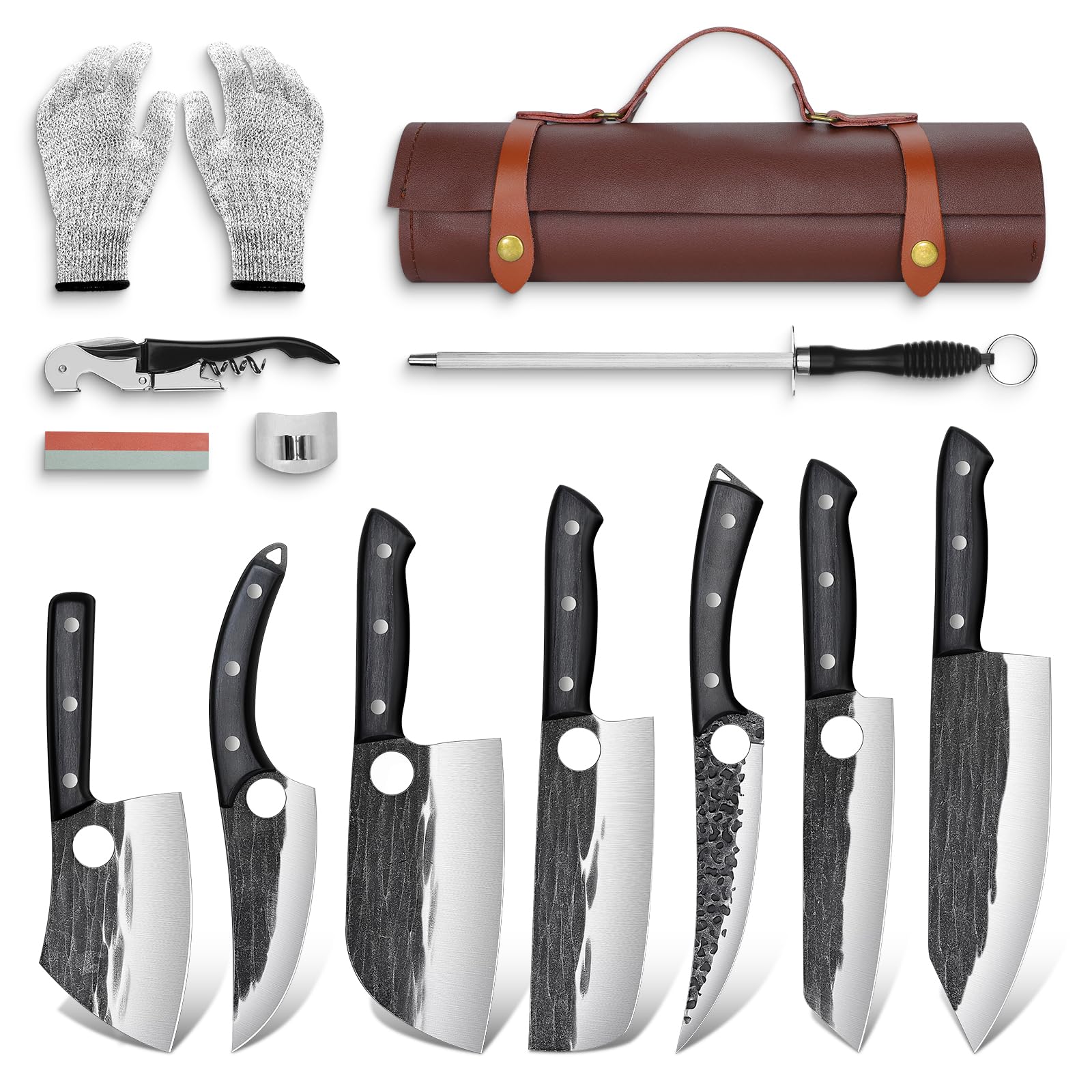 Premium 13-Piece TIVOLI Butcher Knife Set - High Carbon Steel Hand-Forged Kitchen Knives for Meat Cutting & BBQ - Includes Roll Bag - Perfect for Home Chefs, Outdoor Cooking & Professional Kitchens