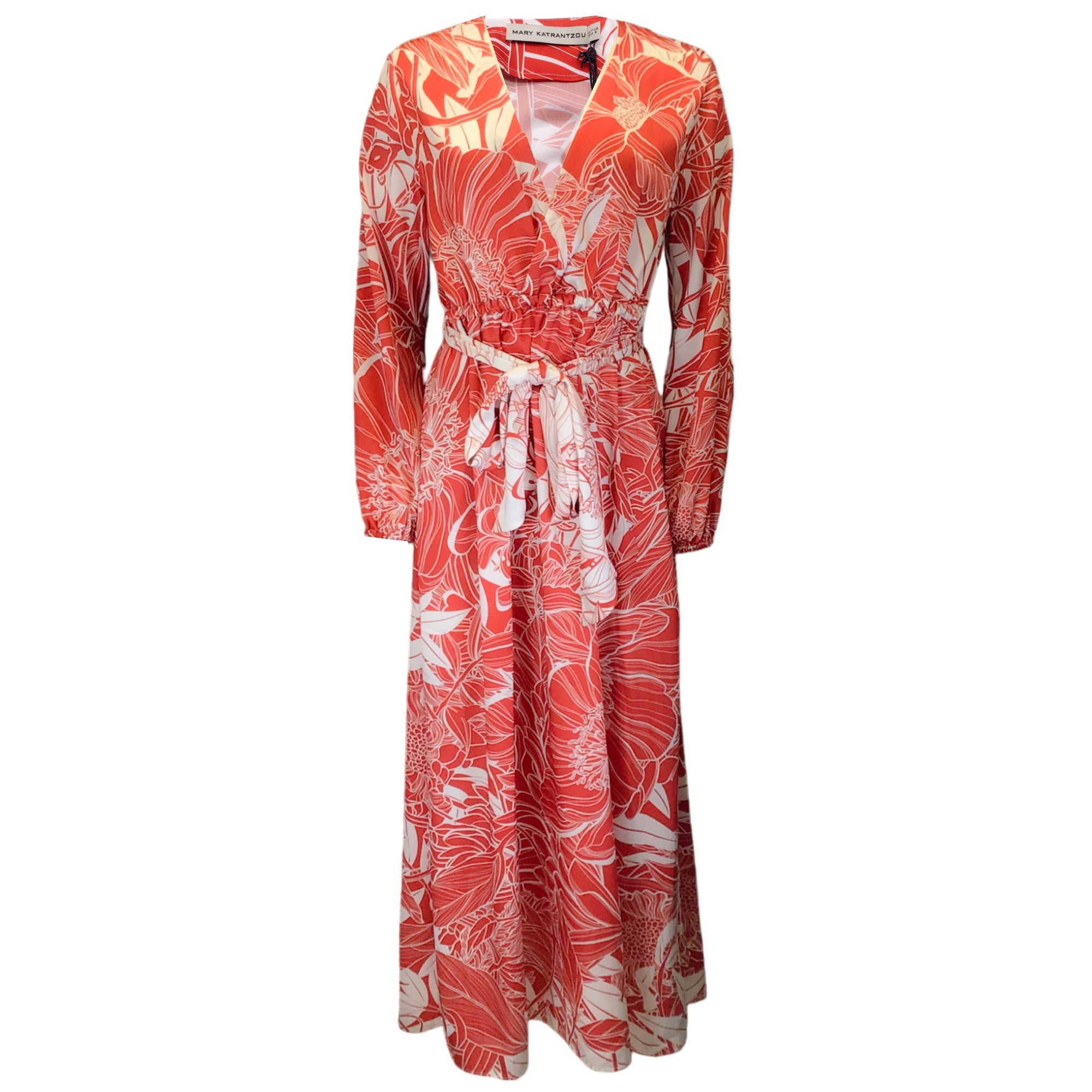 Mary Katrantzou Red & White Ithaki Print Belted Long Sleeve Two-Tone Poly Twill Maxi Dress - Perfect for Weddings, Parties & Special Occasions