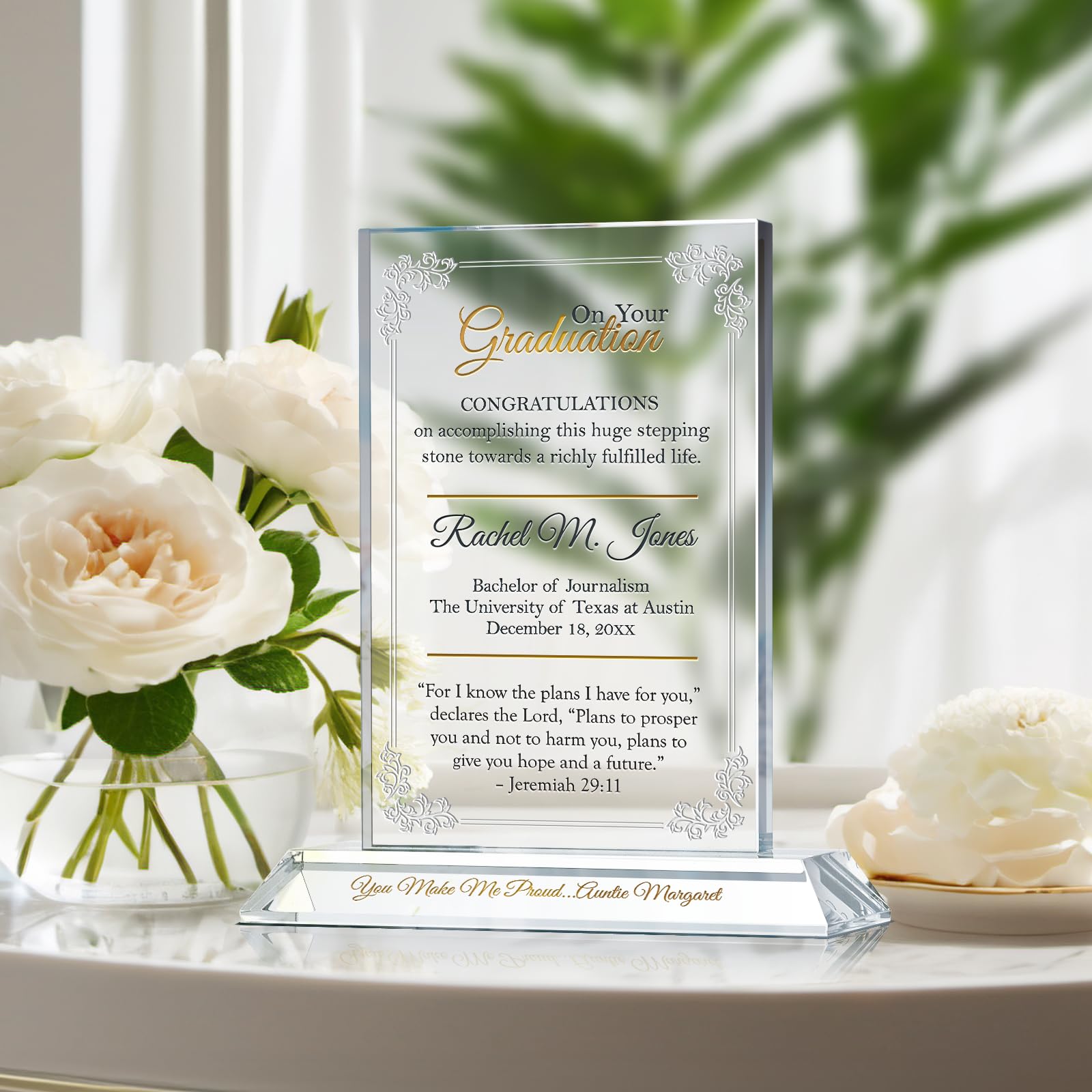 Custom Personalized Crystal Graduation Plaque with Bible Verse - Christian High School or College Gift for Daughter, Granddaughter, Niece - Engraved with Name, School & Date - Perfect for Graduation Ceremony, Home Decor & Keepsake
