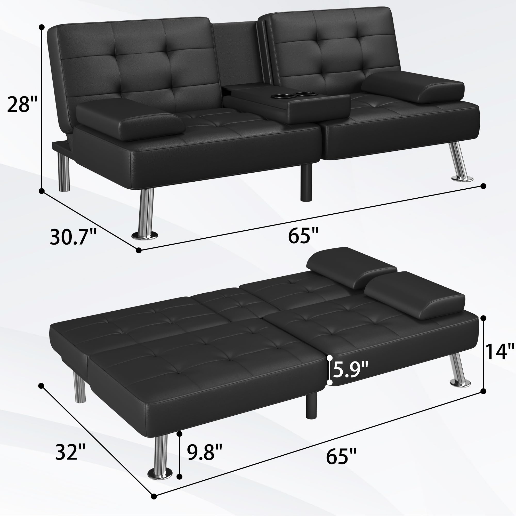 Modern Convertible Futon Sofa Bed with 2 Cup Holders & Removable Armrests - PU Leather Folding Lounge Recliner for Living Room, Guest Room & Small Spaces (Black)