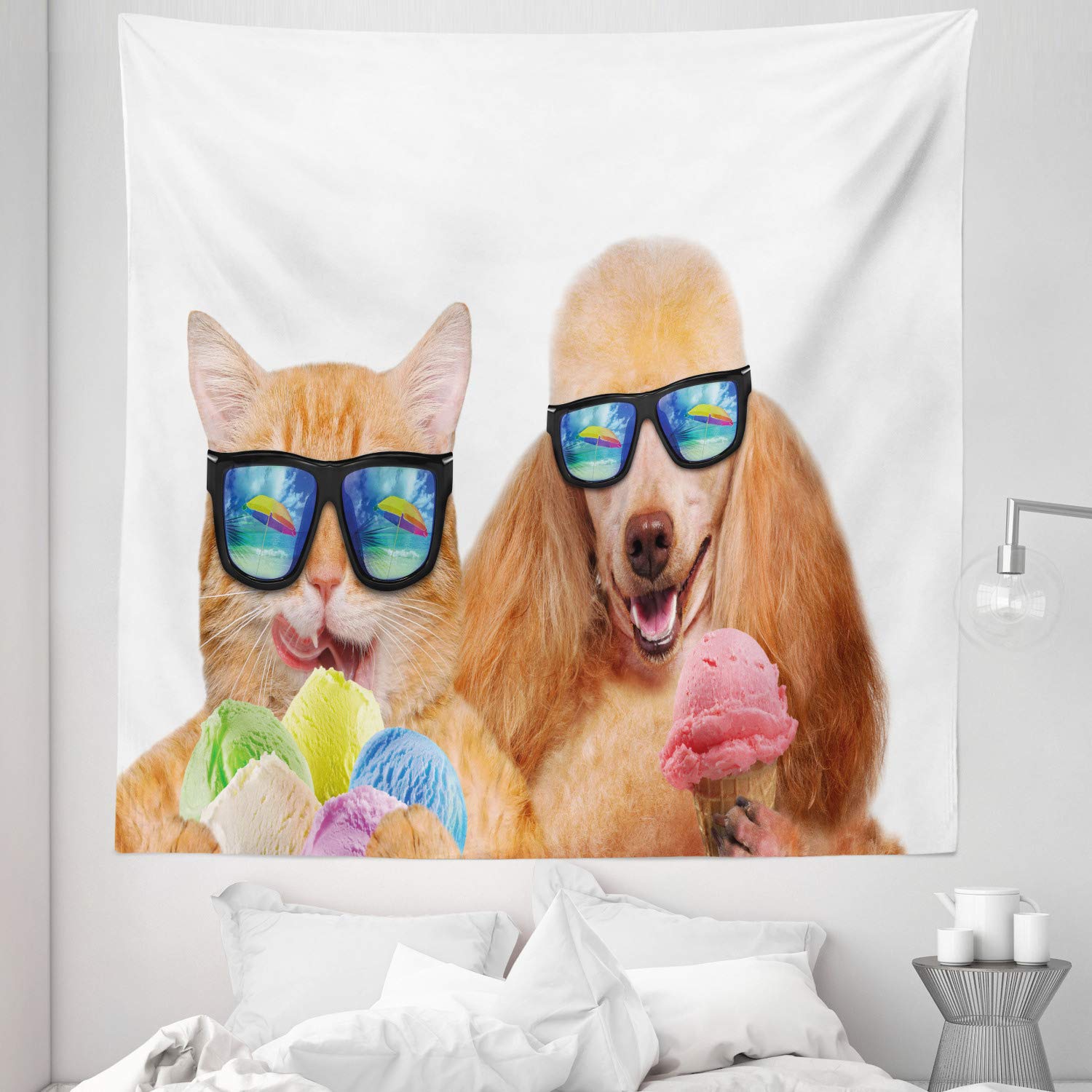 Ambesonne Queen Size Animal Tapestry - Retro Cat & Dog Wall Decor for Bedroom