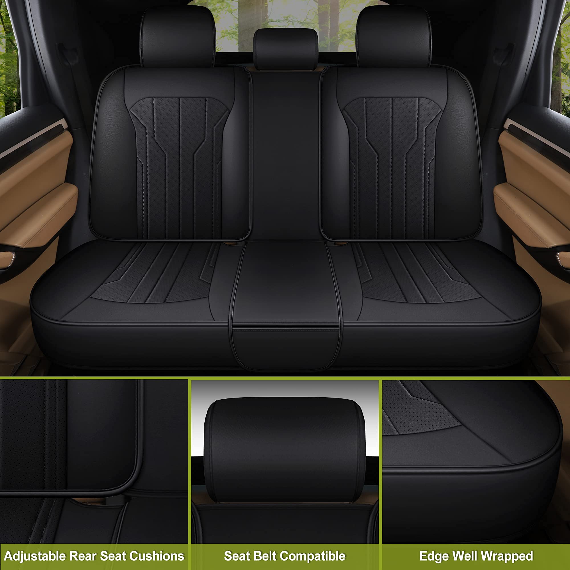 Premium AOOG Leather Car Seat Covers - Universal Fit Leatherette Automotive Seat Protectors for Cars, SUVs & Trucks | Non-Slip Vehicle Interior Accessories (Full Set, Black) | Perfect for Daily Commute, Road Trips & Family Travel