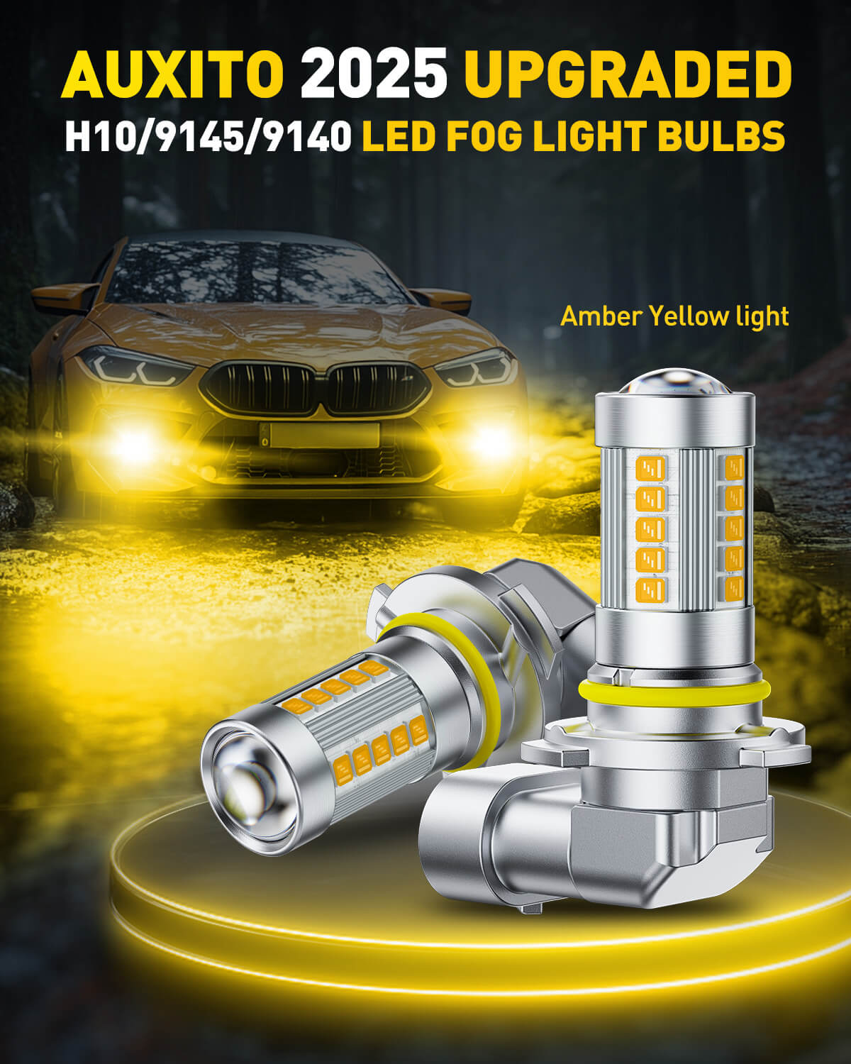 2025 Upgraded 9145/9140/H10 LED Fog Light Bulbs - 3000K Yellow, 27 CSP LEDs, Direct Fit Mini Size - Perfect for Night Driving, Off-Roading & Bad Weather Conditions