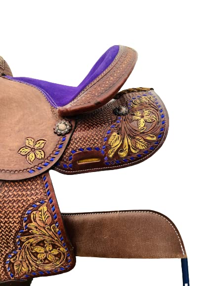 Western Kids Barrel Saddle - Genuine Leather Floral Tooled Youth Saddle for Horse Riding, Training & Rodeo Events | Perfect for Young Riders & Beginners